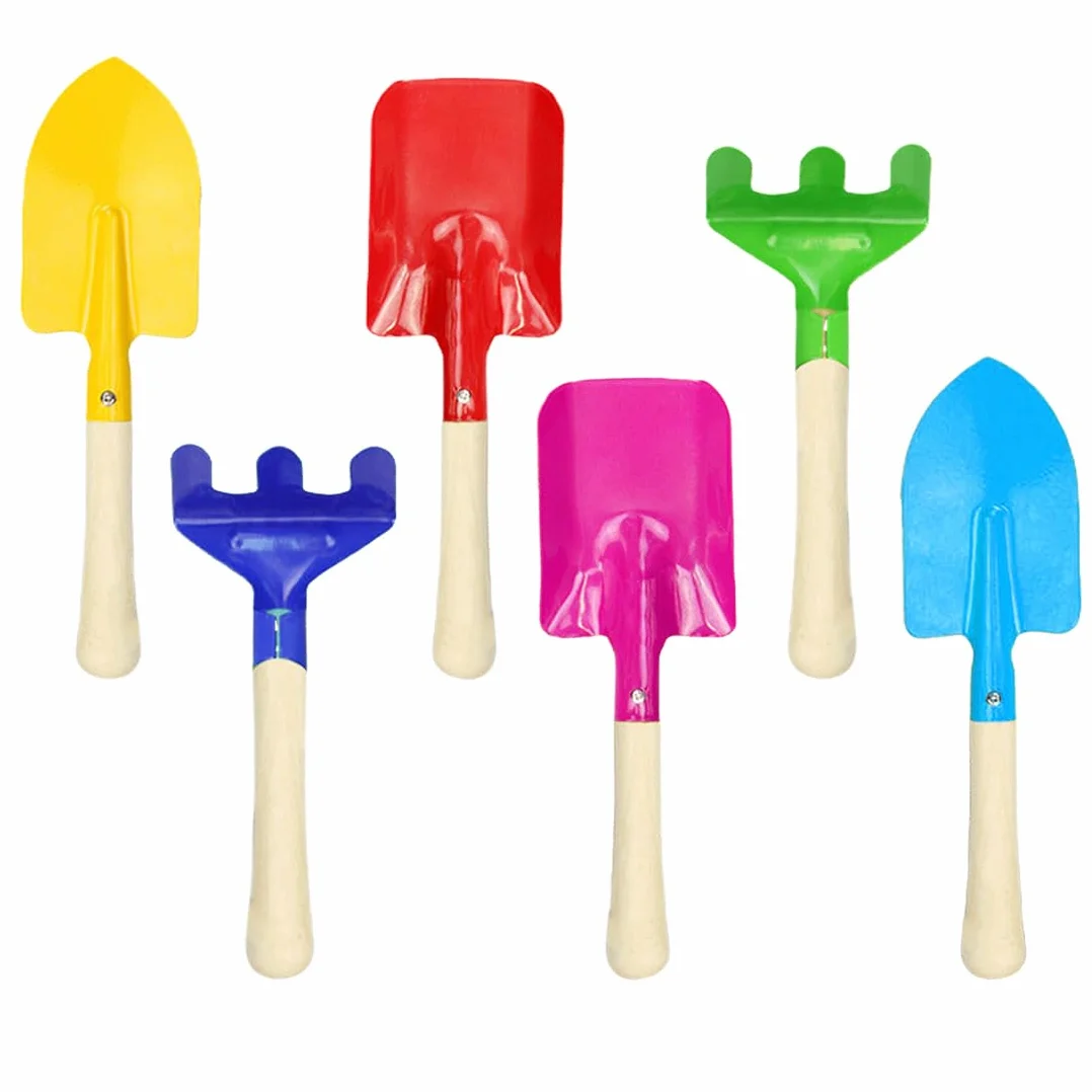 Set di attrezzi da giardino per bambini 6 pezzi con pala, rastrello e vanga in metallo e legno per giardino, balcone, terrazza e scatola di sabbia