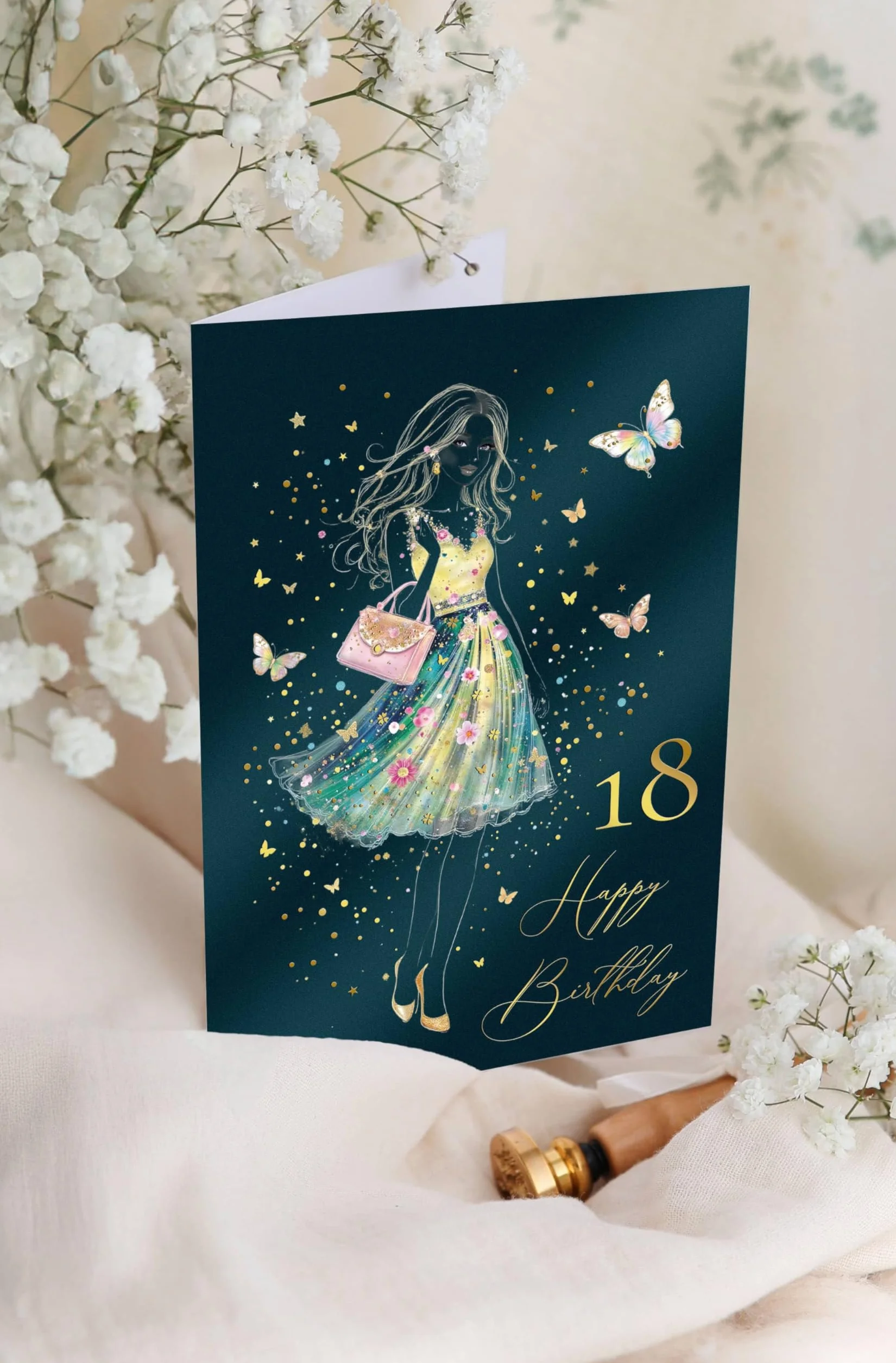Joli Coon Biglietto auguri compleanno 18 STARDUST Lady – Biglietto auguri compleanno 18 anni ragazza con busta in carta premium e sigillo in cera