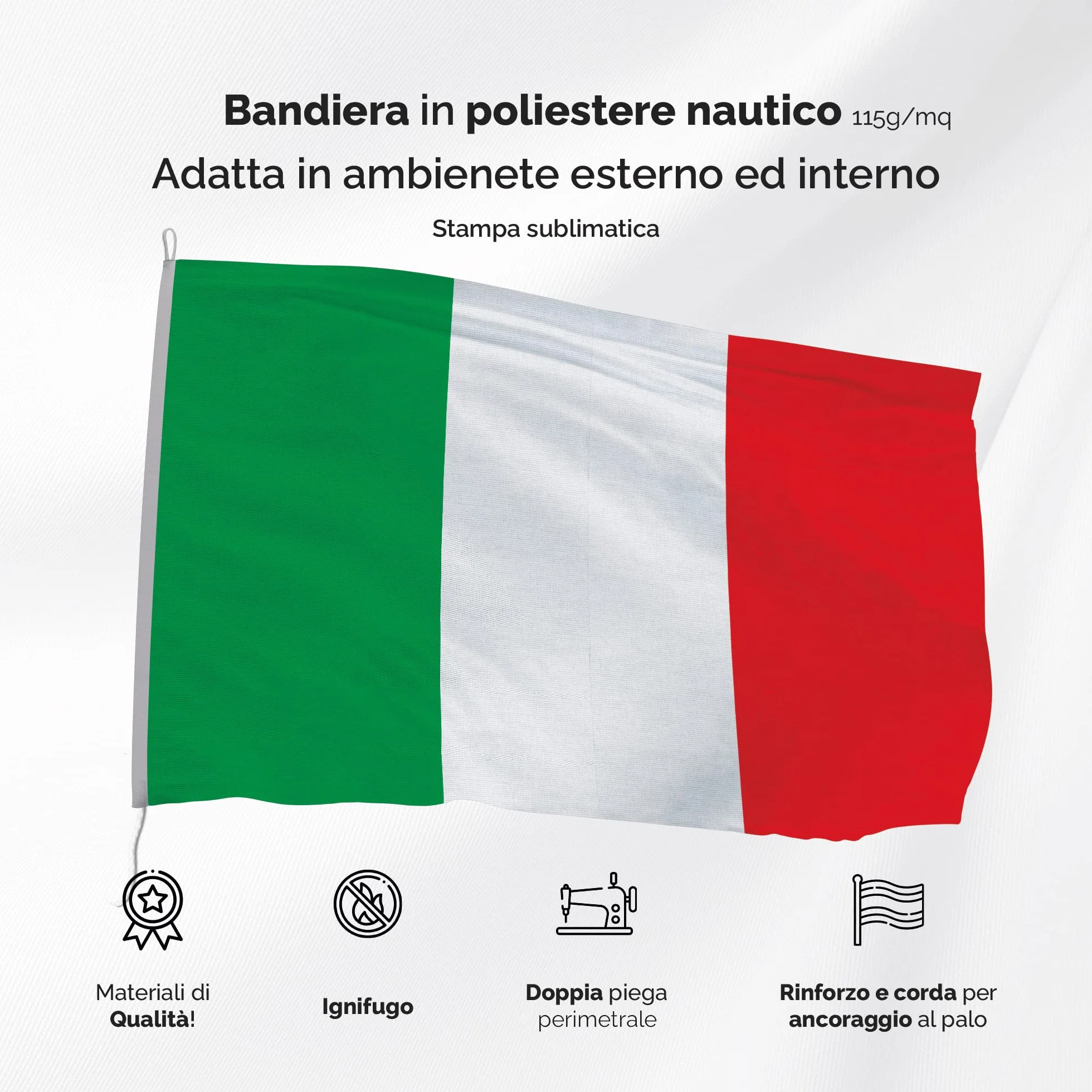 Bandiera Italia 100x150 cm poliestere NAUTICO 115 gr/mq doppia piega perimetrale con corda e guaina IN/OUT DOOR