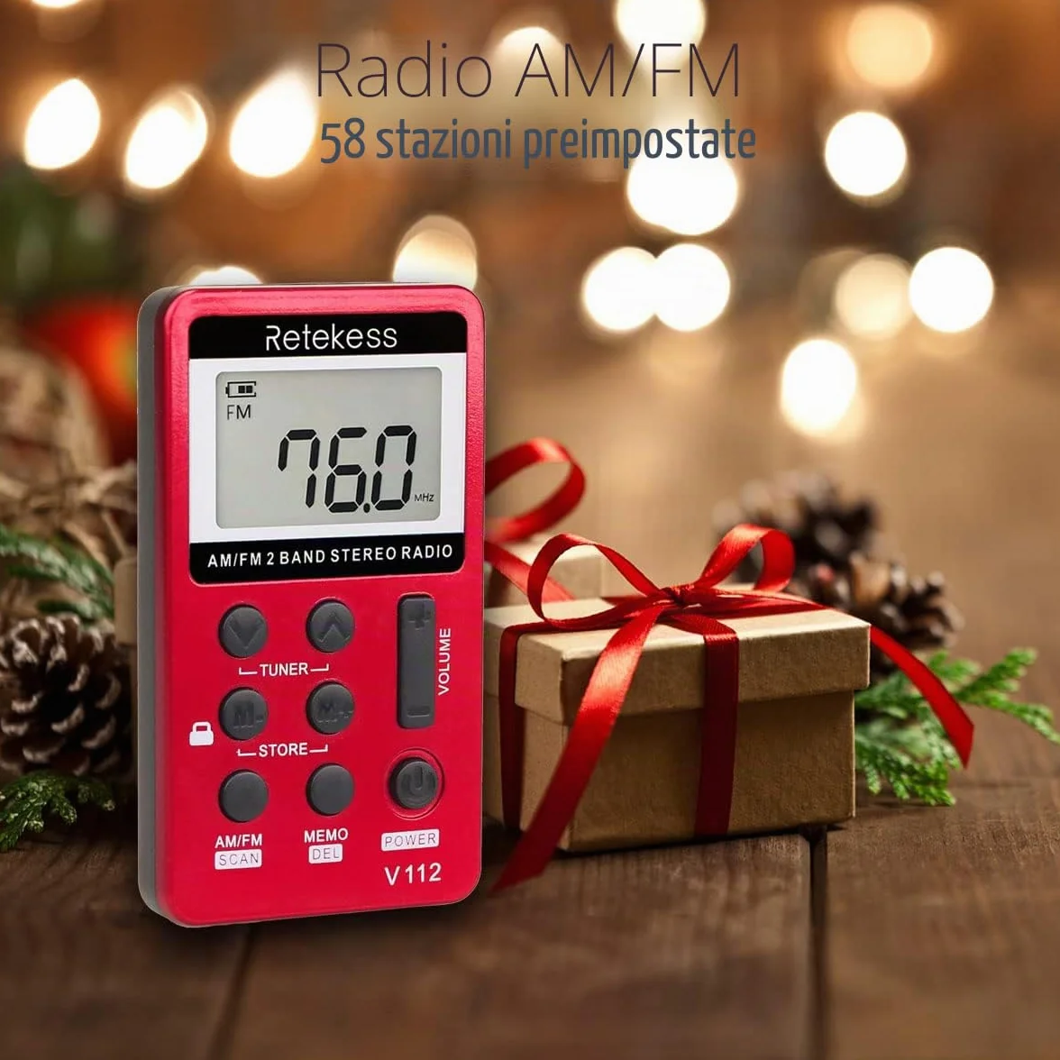 Retekess V112 Mini Radio Portatile AM FM Ricaricabile con Cuffie a Batteria Rosso
