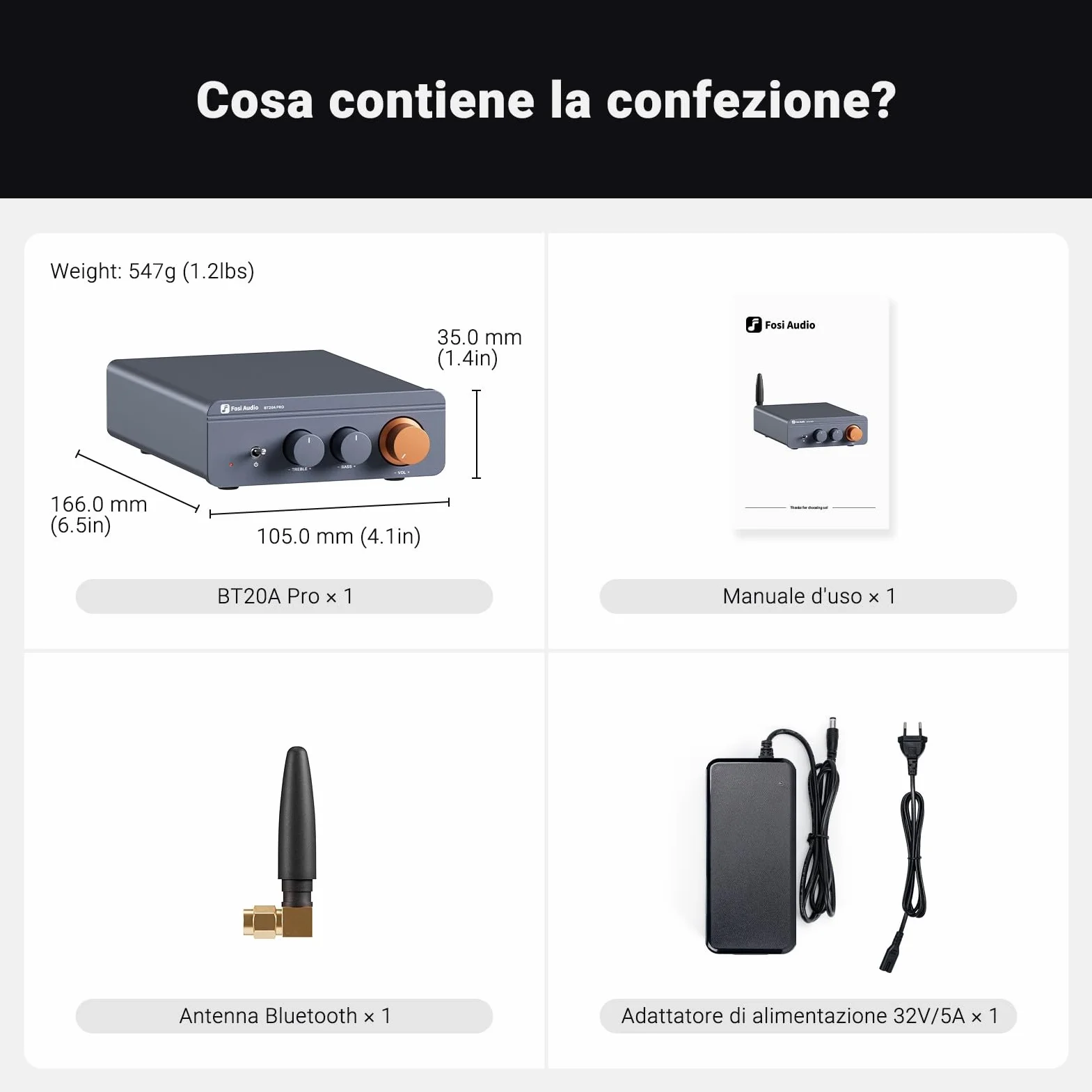 Fosi Audio BT20A Pro Amplificatore Bluetooth 5.0 300Wx2 TPA3255 HiFi Stereo Classe D 2.0 Canali
