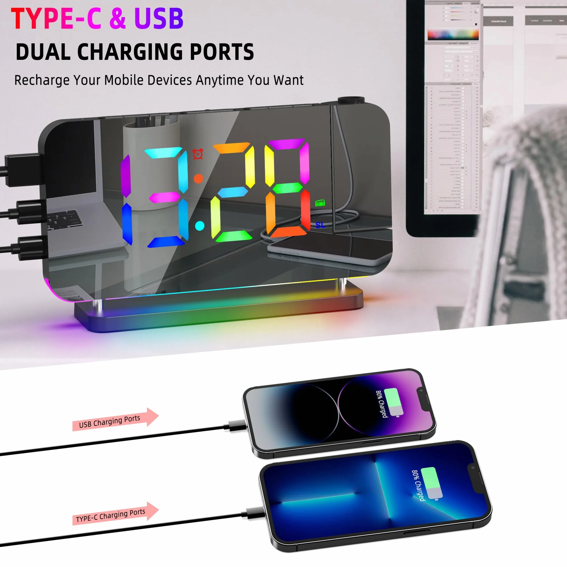 Sveglia Proiezione Specchio 11 RGB 10 Colori Luce Notturna LED Orologio da Scrivania