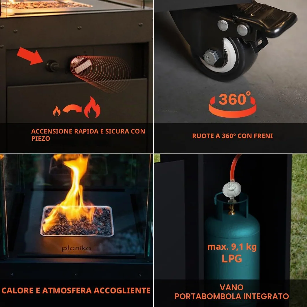 Planika Faro Patio Gas Riscaldatore nero portatile autonomo a propano per giardino terrazza