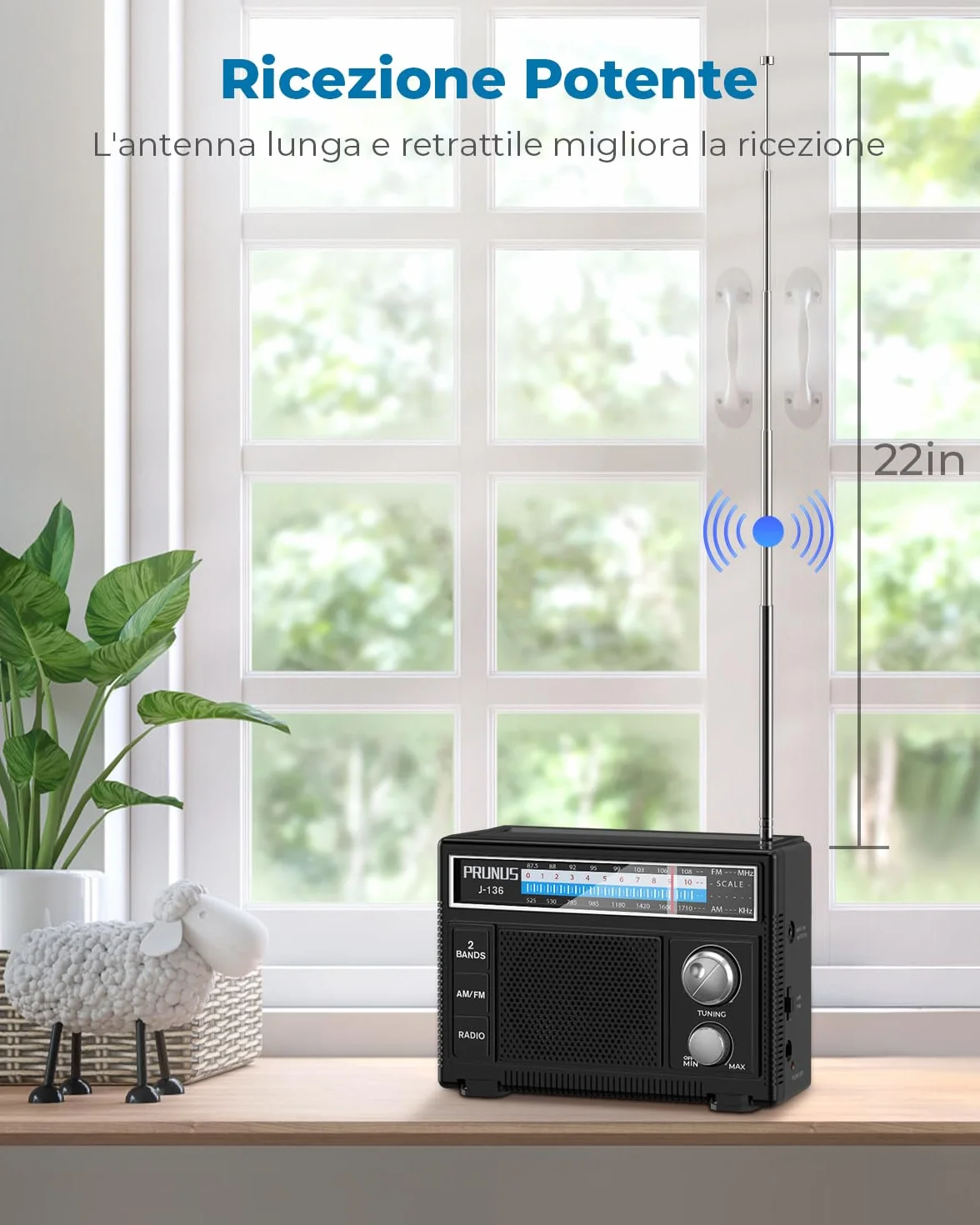 PRUNUS J-136 Radio Portatile AM/FM, Alimentazione Batterie o CA, Jack AUX/Microfono, Nero