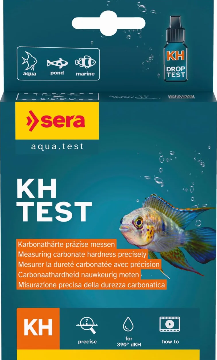 Sera KH Test 15ml | per aquario e laghetto | Misura durezza carbonatica per stabilizzare Il PH | Kit analisi Acqua con cuvetta, siringa, Scheda di valutazione | Precisione Fino a 390 °dKH per Pesci