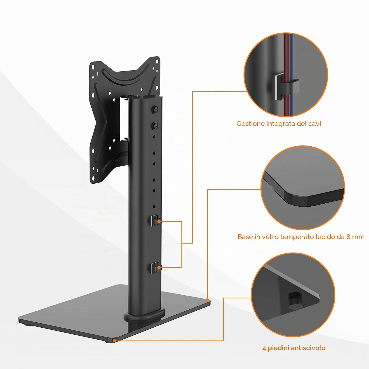 GRIFEMA GB1005-2 Supporto TV da Tavolo 17-43 Pollici Girevole Regolabile in Altezza Base in Vetro Temperato Fino a 30 kg Vesa 200x200mm