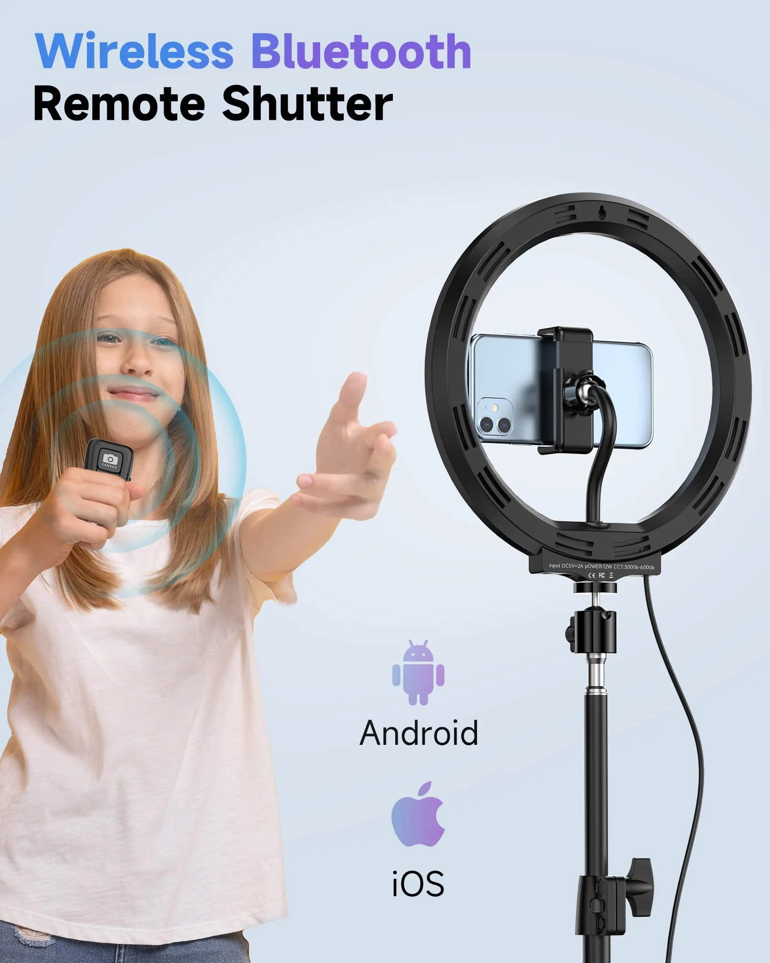 QIUOIO Ring Light con Treppiede Alto, 35 Modalità RGB, 3 Effetti Luce, 10 Luminosità Regolabile, per Smartphone Shooting