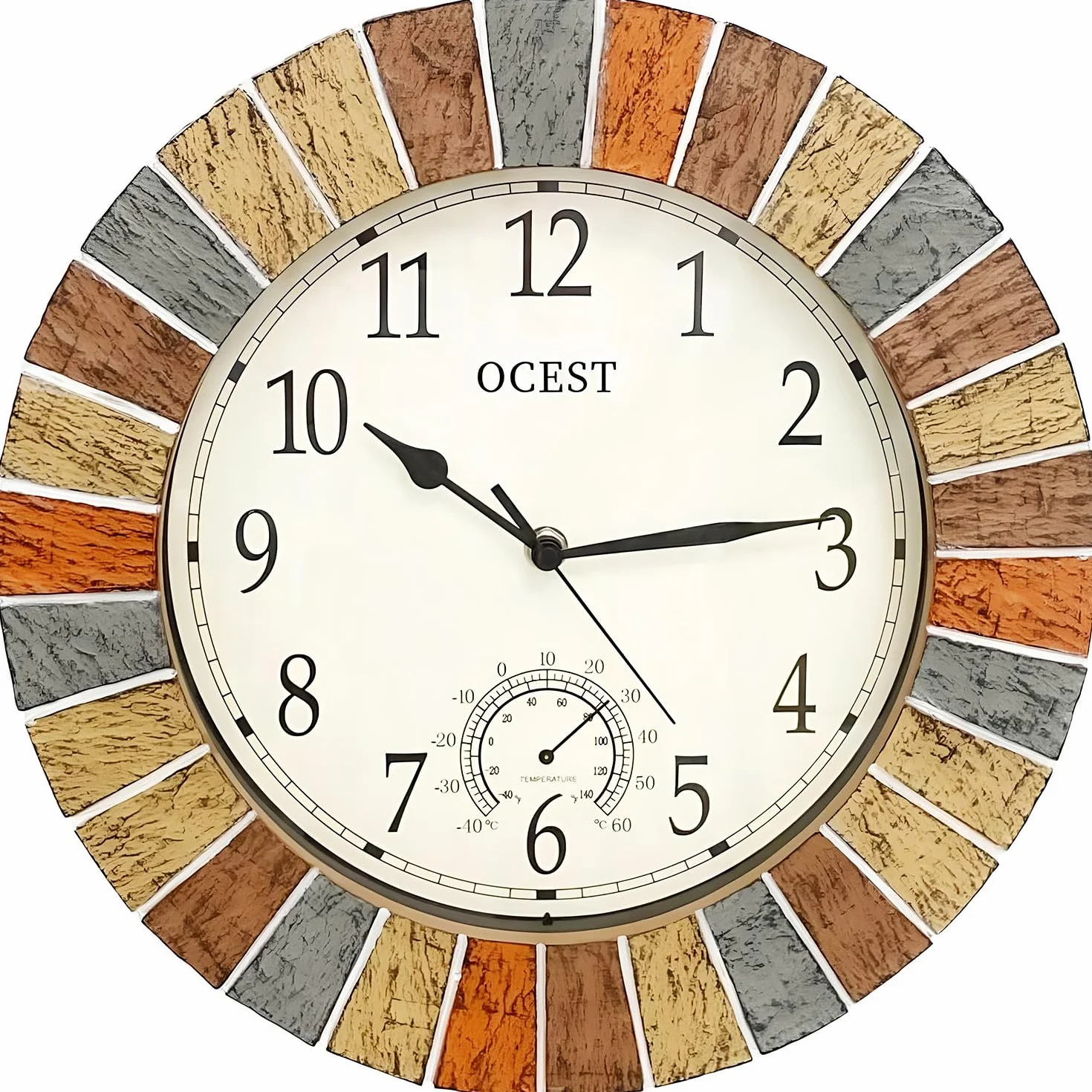 Ocest Grande orologio da parete per interni ed esterni, impermeabile, con termometro, resistente alle intemperie, senza ticchettio, a batteria, per patio, piscina, Lanai, recinzione, giardino, bagno