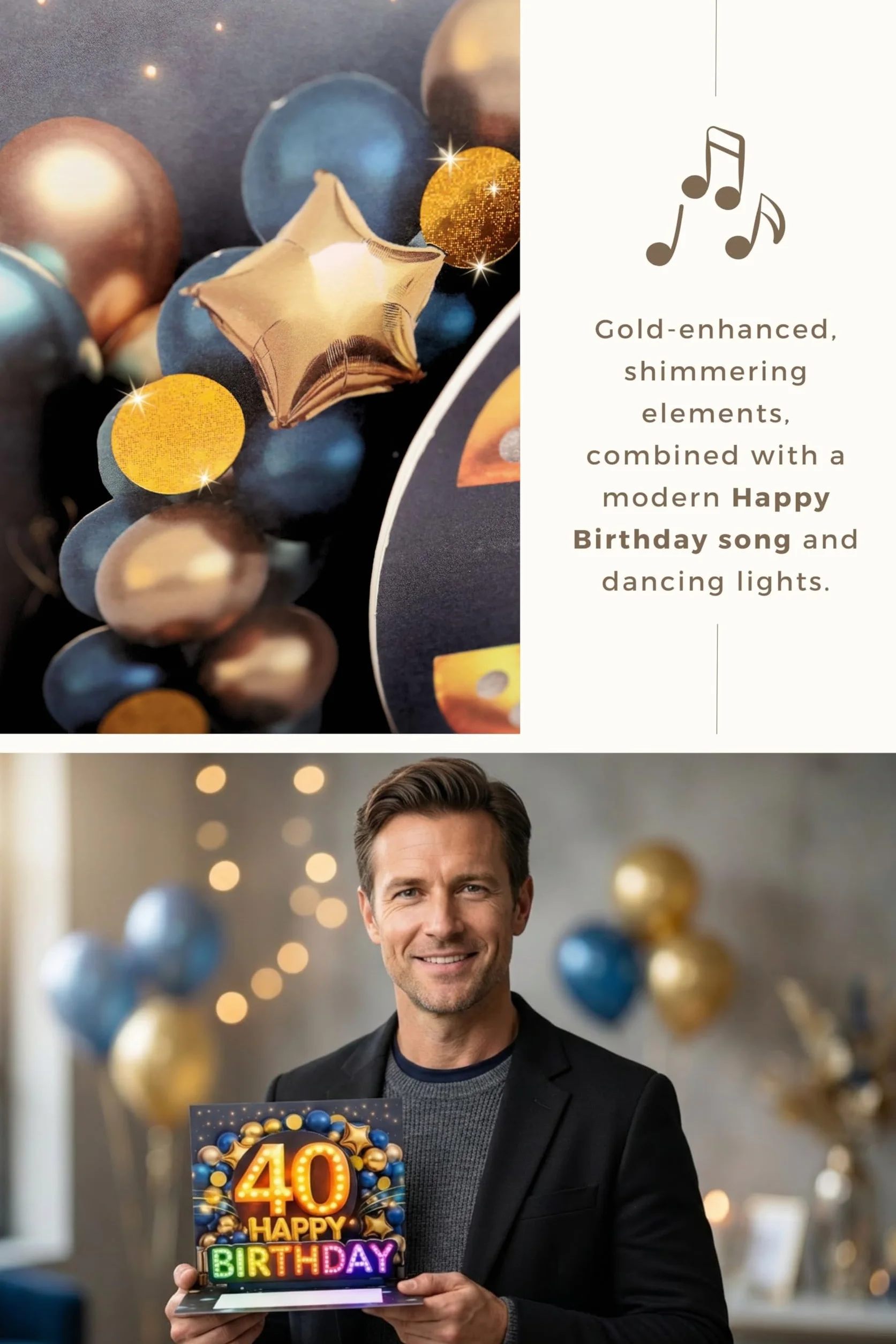 Joli Coon Biglietto auguri 40 anni uomo – Biglietto auguri compleanno 3D con musica e luce pop up, 20×15 cm, busta e adesivo sigillo