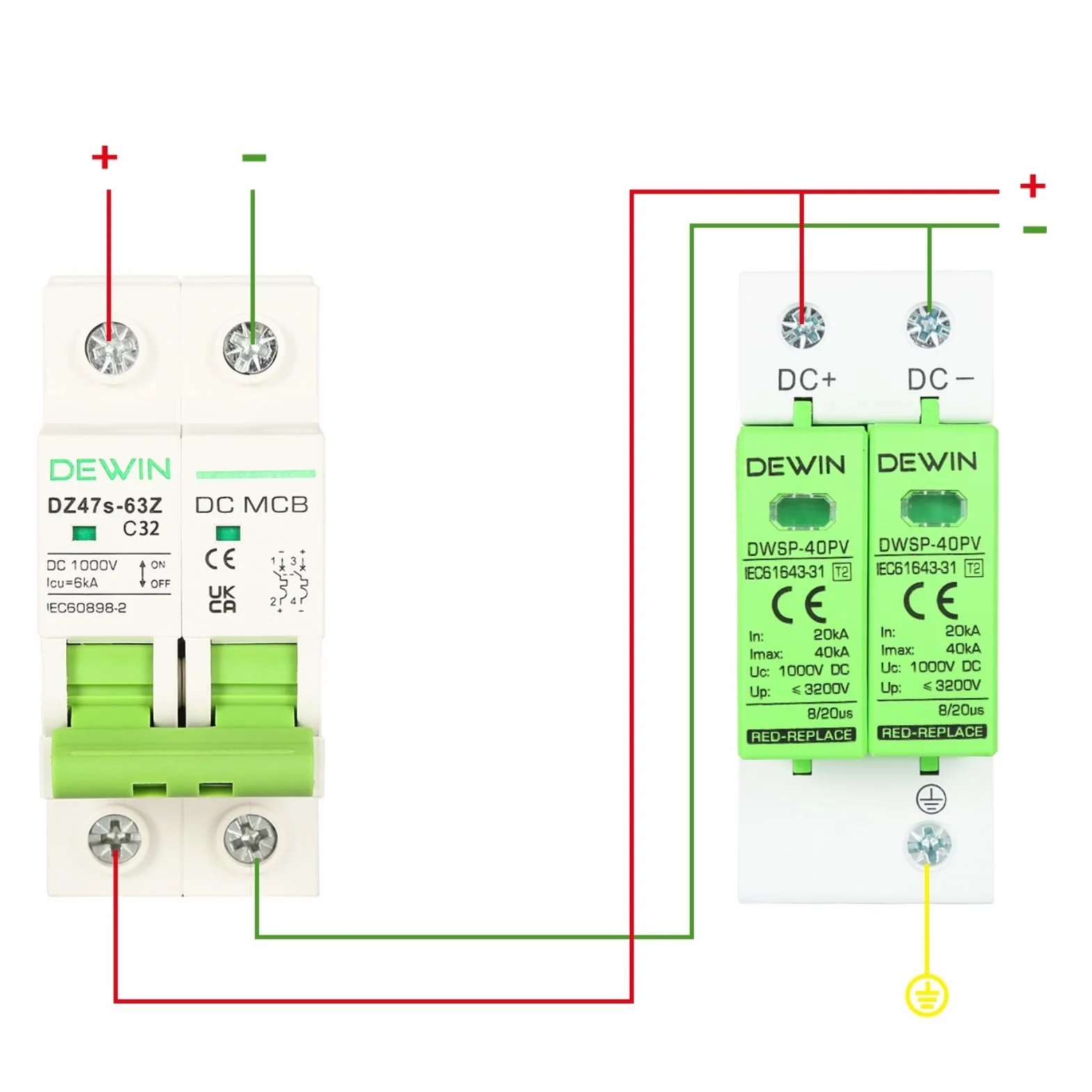 DEWIN Scaricatore di Sovratensione 2P 40KA DC 1000V Fotovoltaico Protezione Fulmini