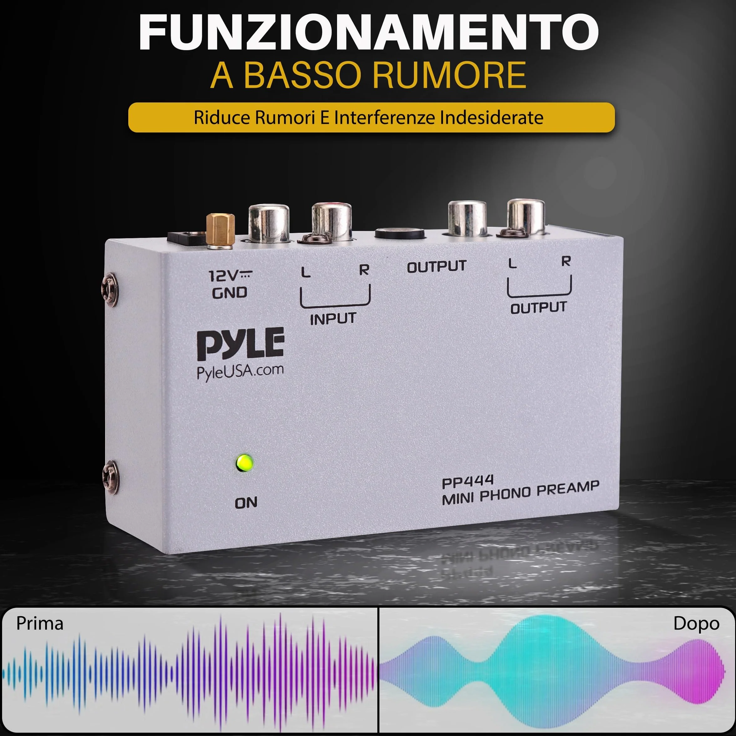 Pyle Preamplificatore Phono Mini per Giradischi con Ingressi e Uscite RCA, Basso Rumore, 12V DC, Grigio