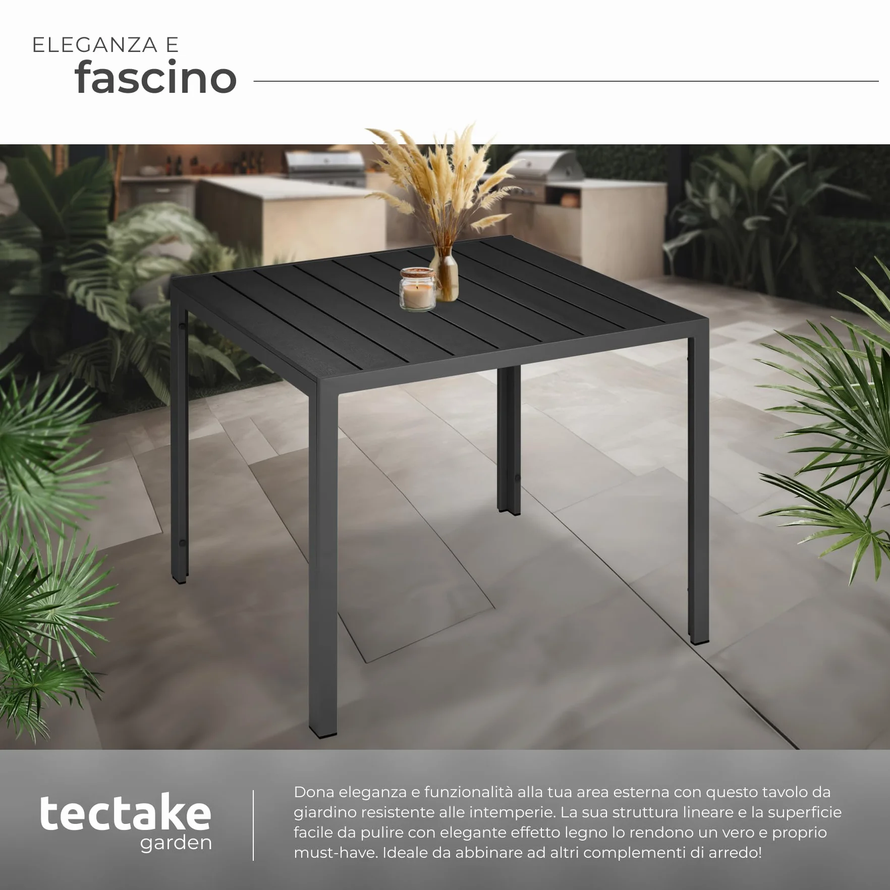 tectake®, Tavolo da Giardino in Alluminio, Tavolo da Esterno, Tavolino da Balcone, Effetto Legno, Regolabile, Resistente Intemperie, Ideale come Arredamento per Terrazzo, 90x90x74,5cm - nero
