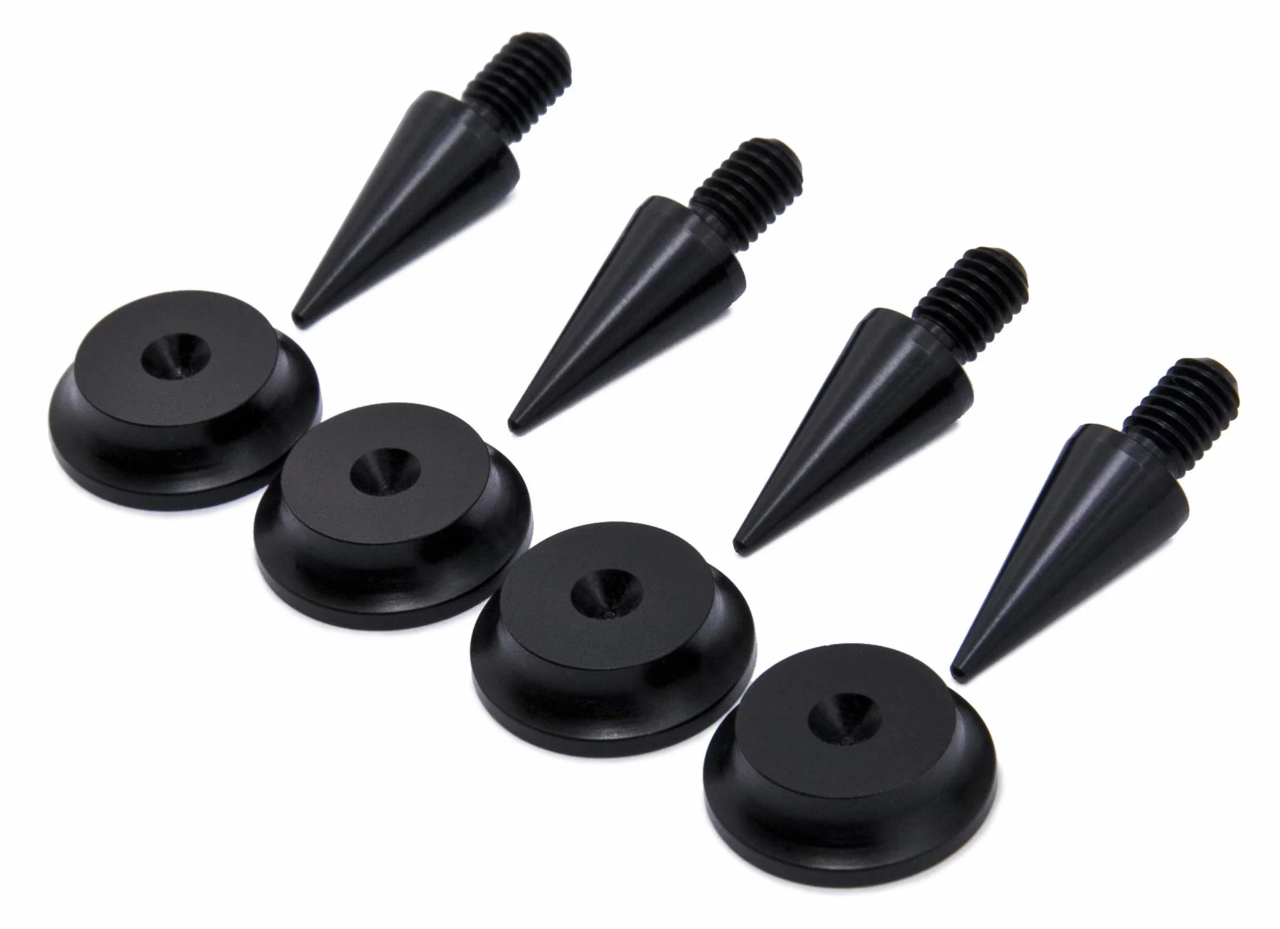 Set di punte e cuscinetti per altoparlanti M6, alluminio nero, Ø10 mm cono con radius pad Ø20 mm, ammortizzatori vibrazioni HiFi