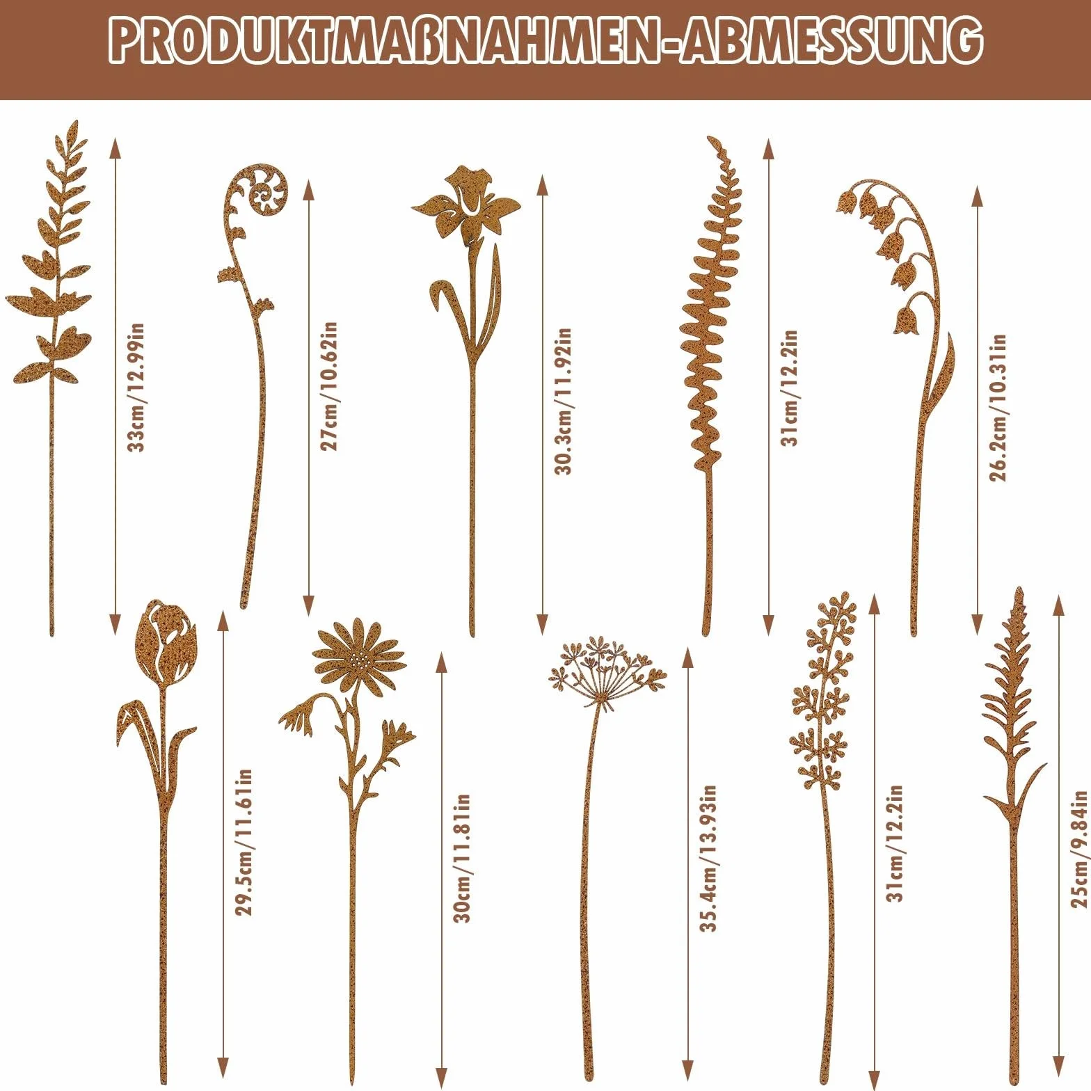 Set di 10 decorazioni da giardino in metallo per piante, decorazione da giardino, decorazione in ruggine, per prati, cortili, balconi