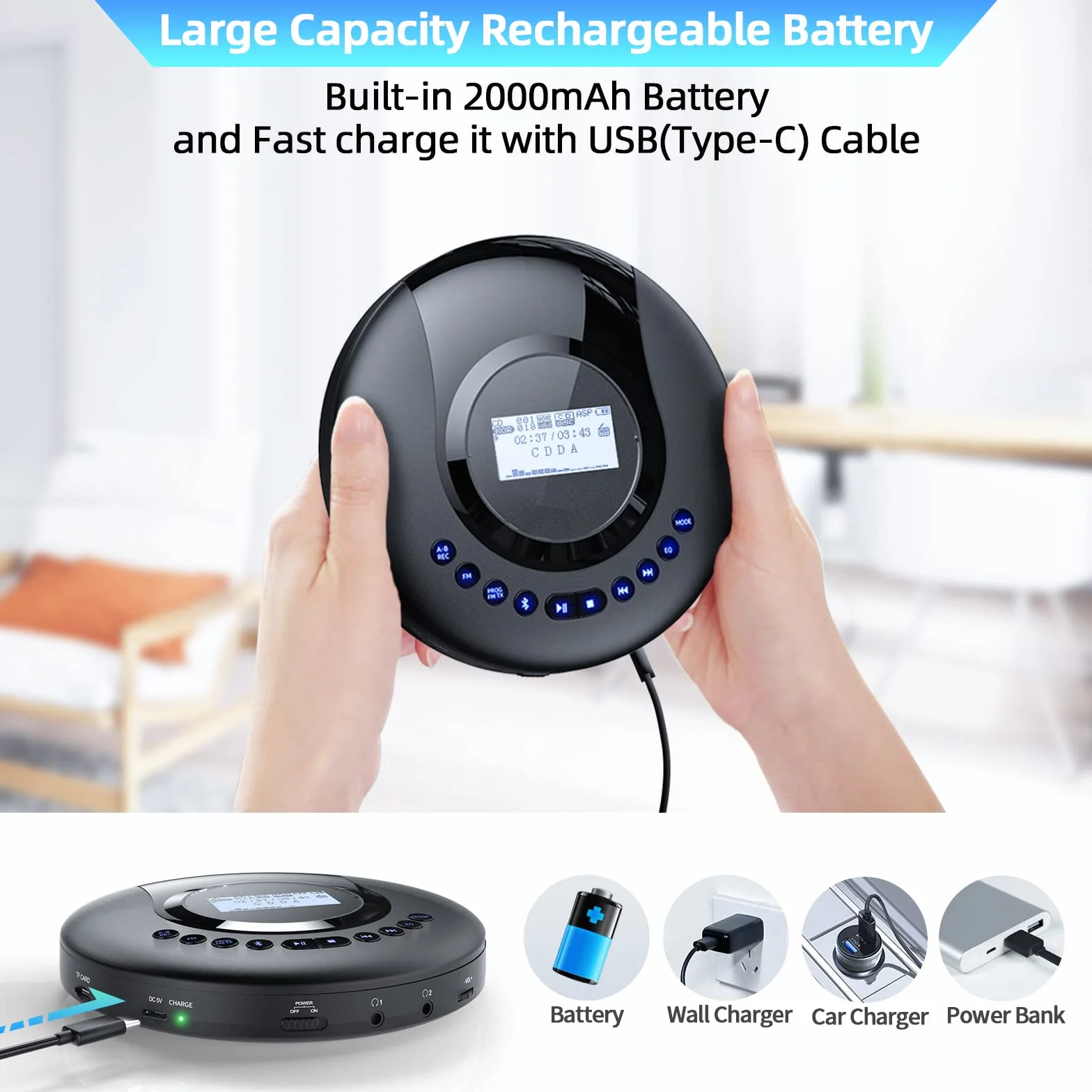 Arafuna Lettore CD portatile Bluetooth, Discman ricaricabile 2000 mAh schermo LCD, protezione antiurto FM