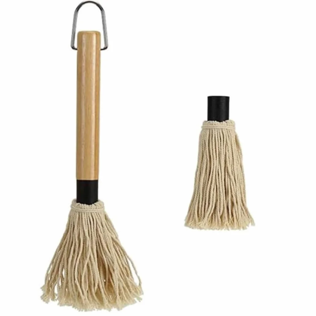 SGERUFZ Pennelli per Barbecue Legno, Spazzole Mocio per Salsa Barbecue Marinate con Manico in Legno, Pennelli Cucina Testa in Cotone Lavabile con 1 Testine di Ricambio, per Arrostire e Grigliare