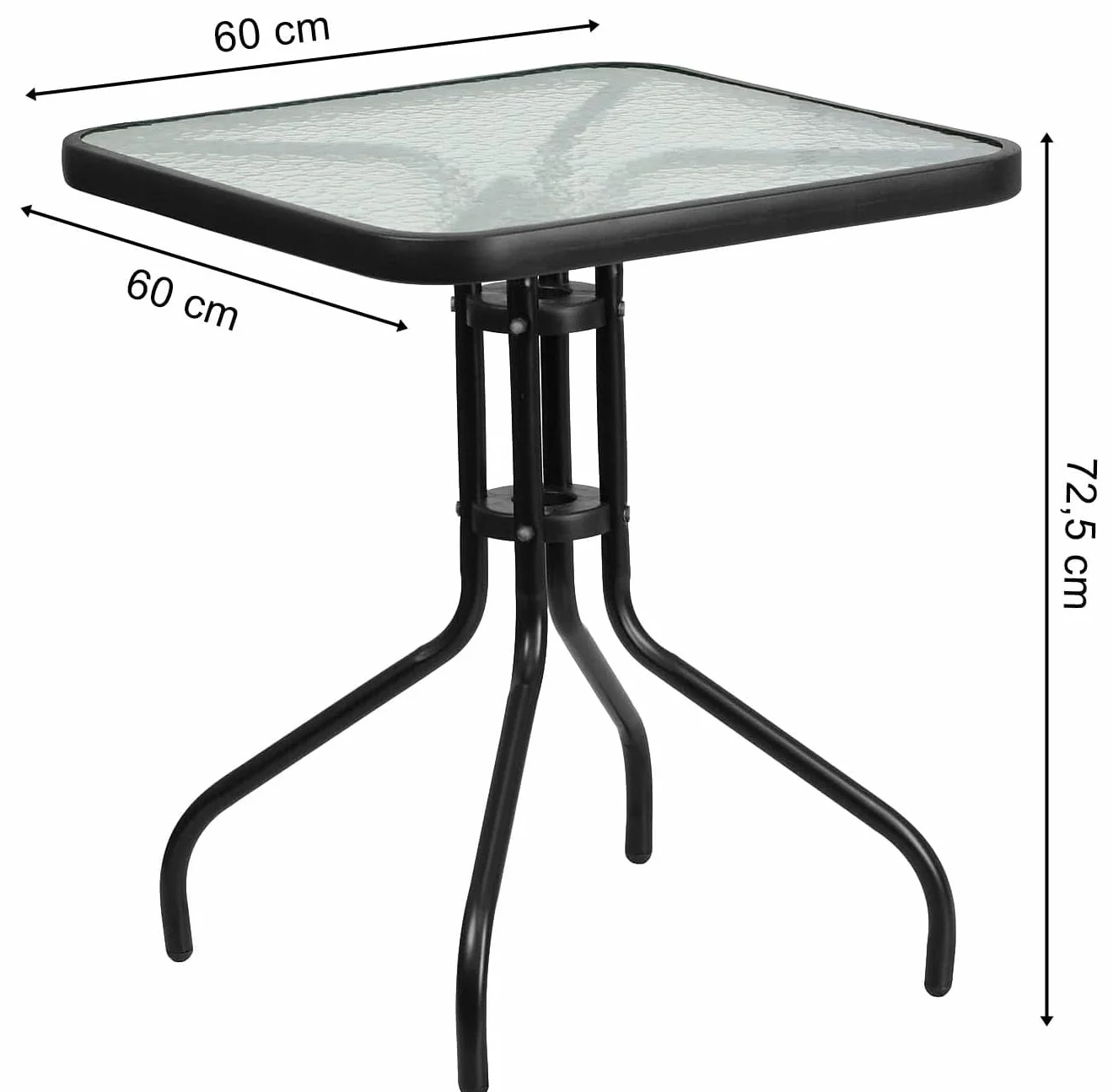 Tavolo Quadrato 60x60 cm Giardino Balcone Vetro Temperato 4 mm Acciaio Nero Interno Esterno
