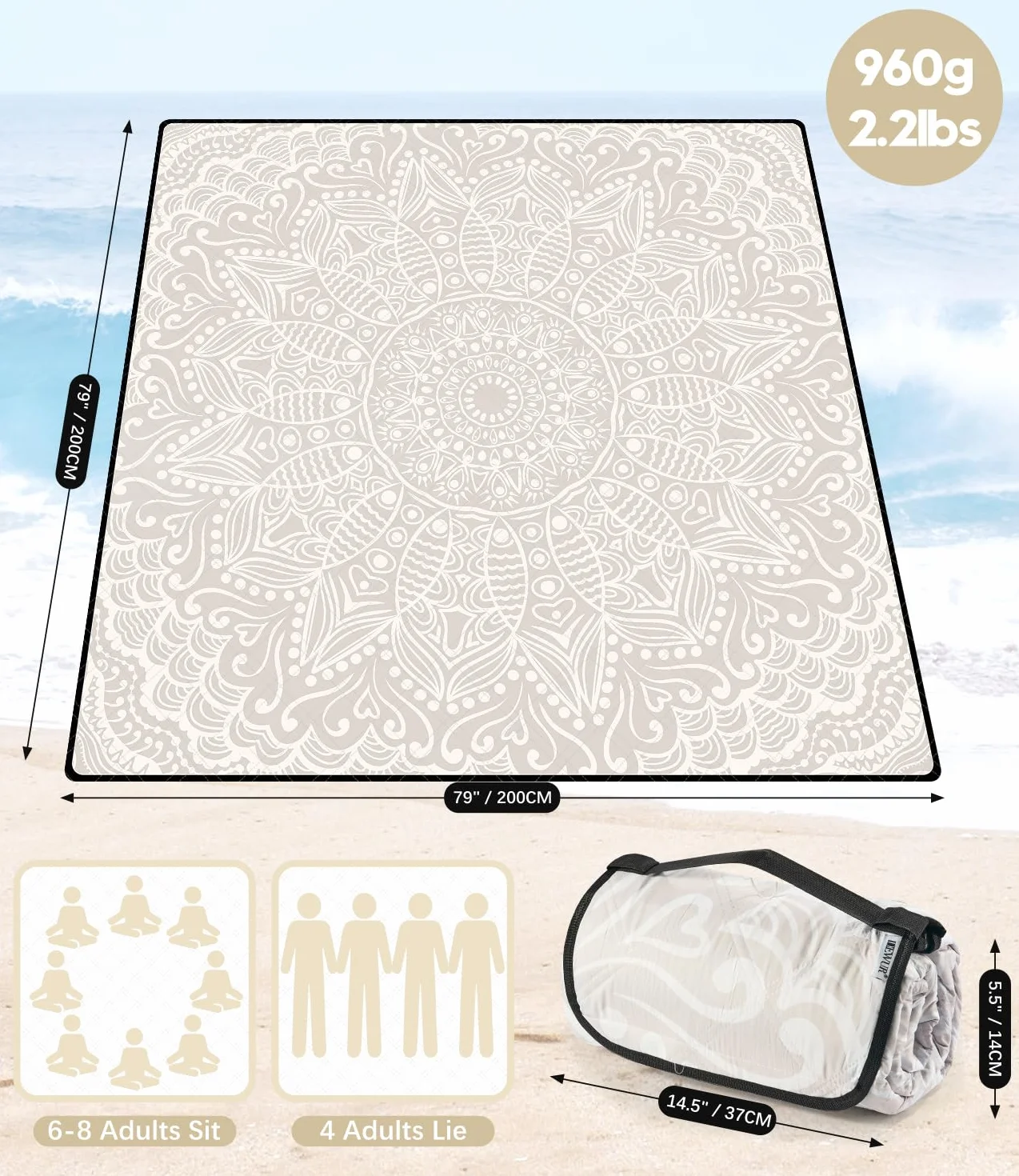 DEWUR Coperta da picnic extra large 200 x 200 cm impermeabile pieghevole