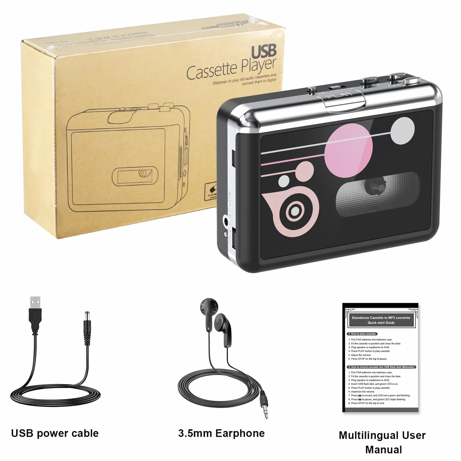 Lettore di Cassette Portatile Convertitore da Cassetta a MP3 USB Digitale con Auricolari