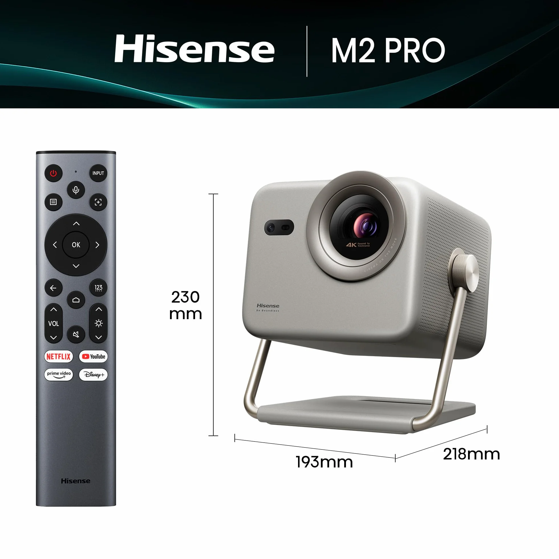 Hisense M2 Pro Proiettore Laser 4K, 1300 ANSI Lumen, 65-200 Pollici, Zoom Ottico, Dolby Vision, HDR10+, Smart TV VIDAA U7.6