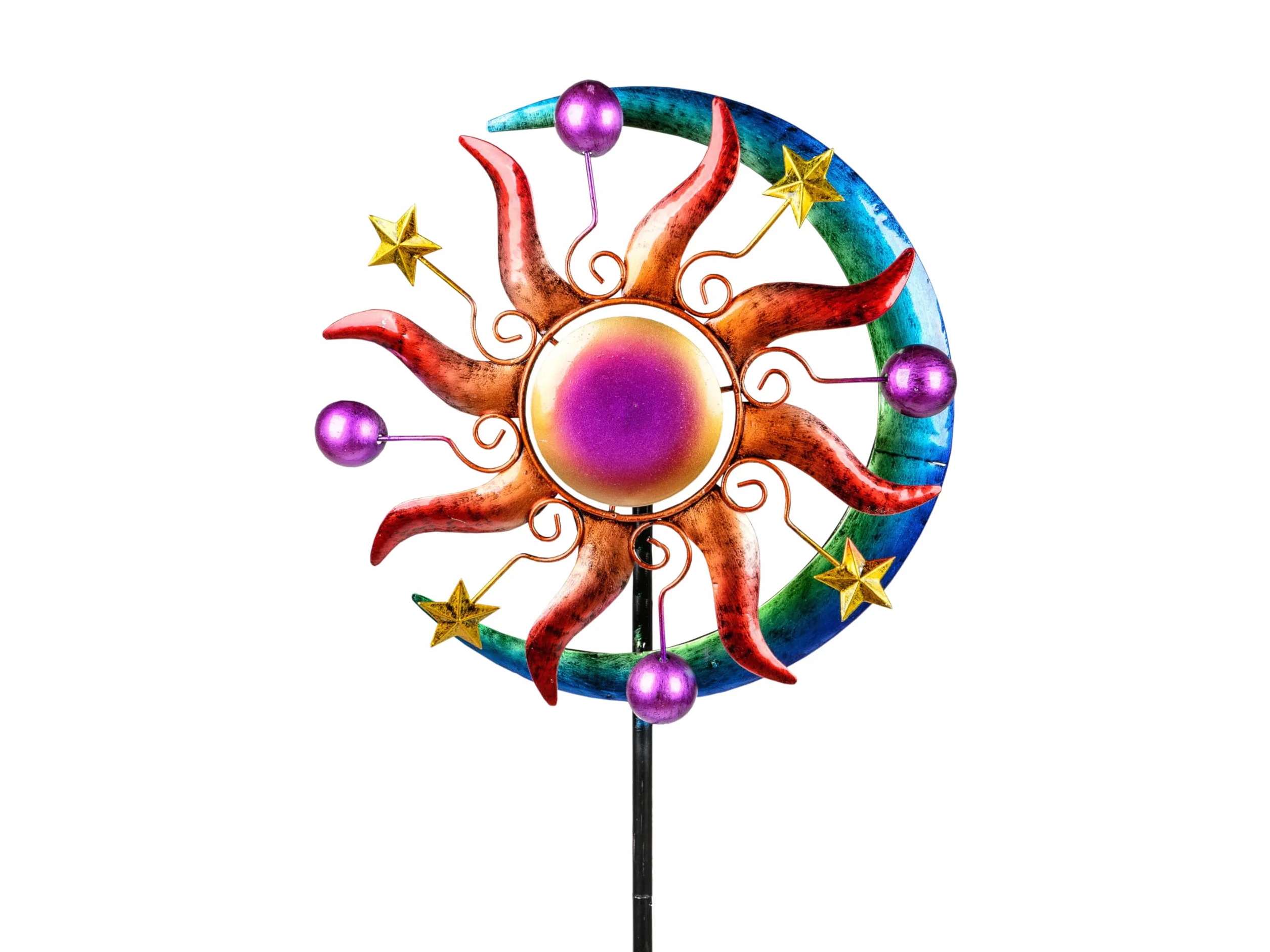 Girandola colorata sole luna e stelle per giardino in metallo scacciapensieri mulino a vento 124 cm