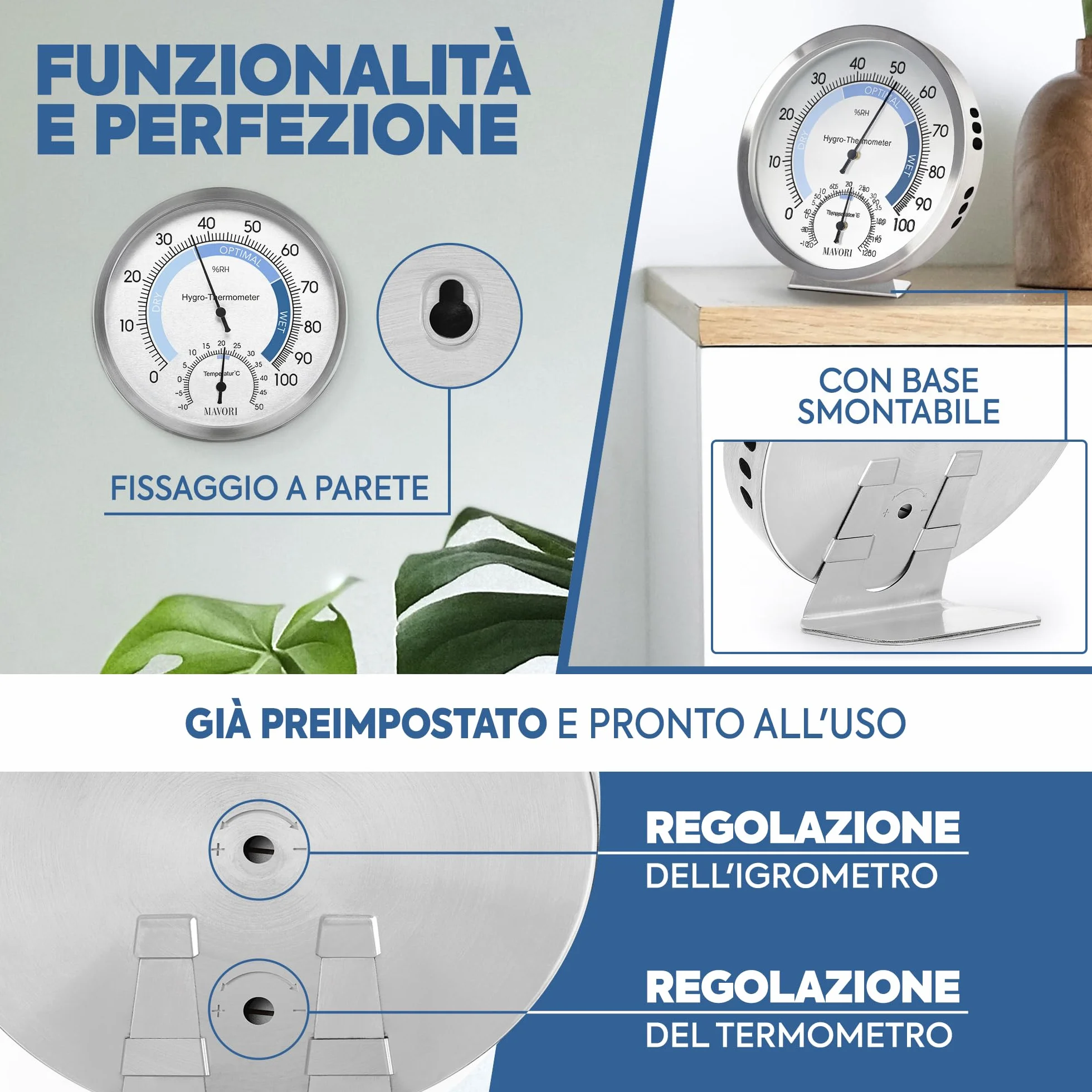 Igrometro analogico e termometro da interno 2 in 1 acciaio inox Ø 12,5 cm