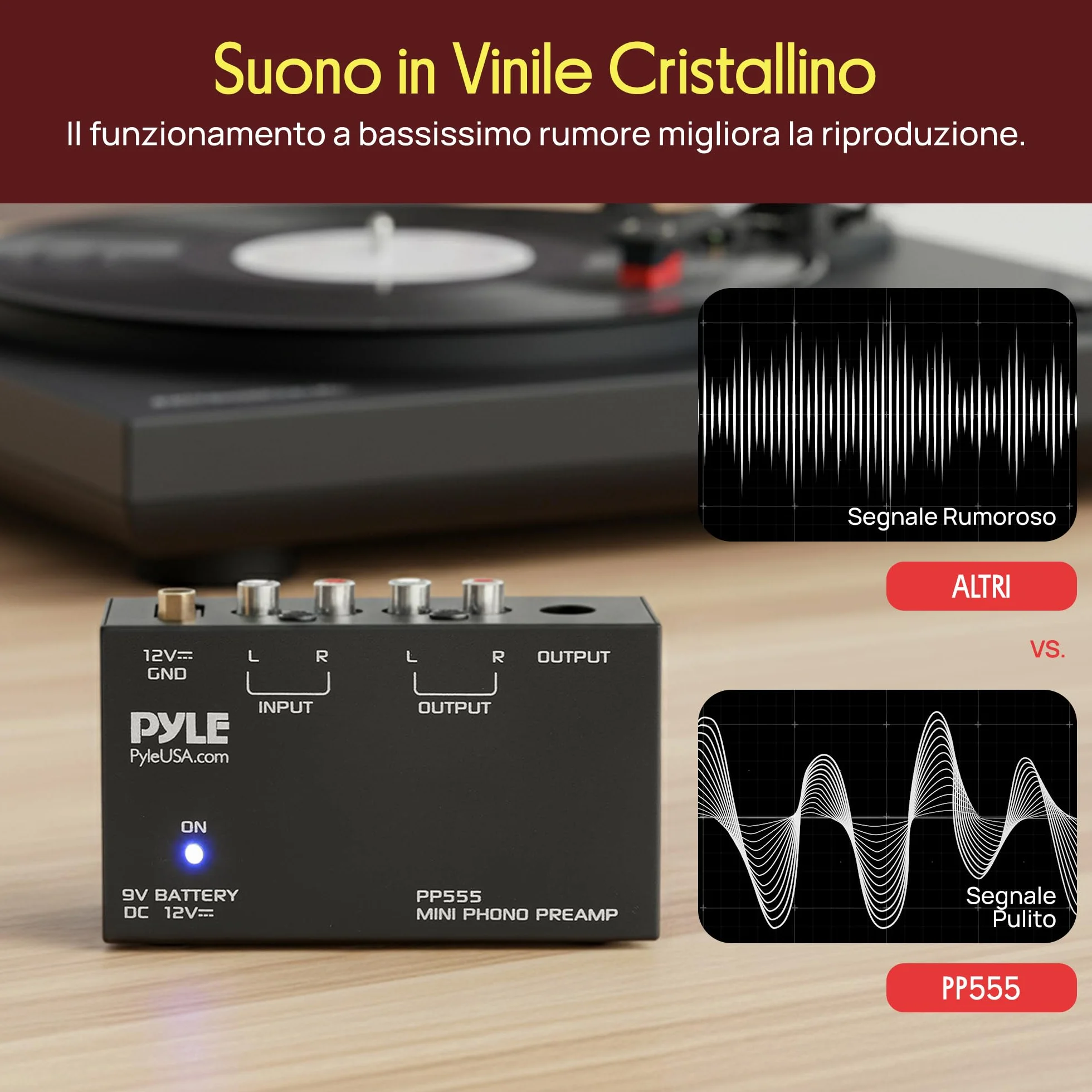 Pyle PP555 Phono Turntable Preamp Mini Electronic Audio Stereo Preamplifier 9V Battery DC 12V RCA Input Output Low Noise Black