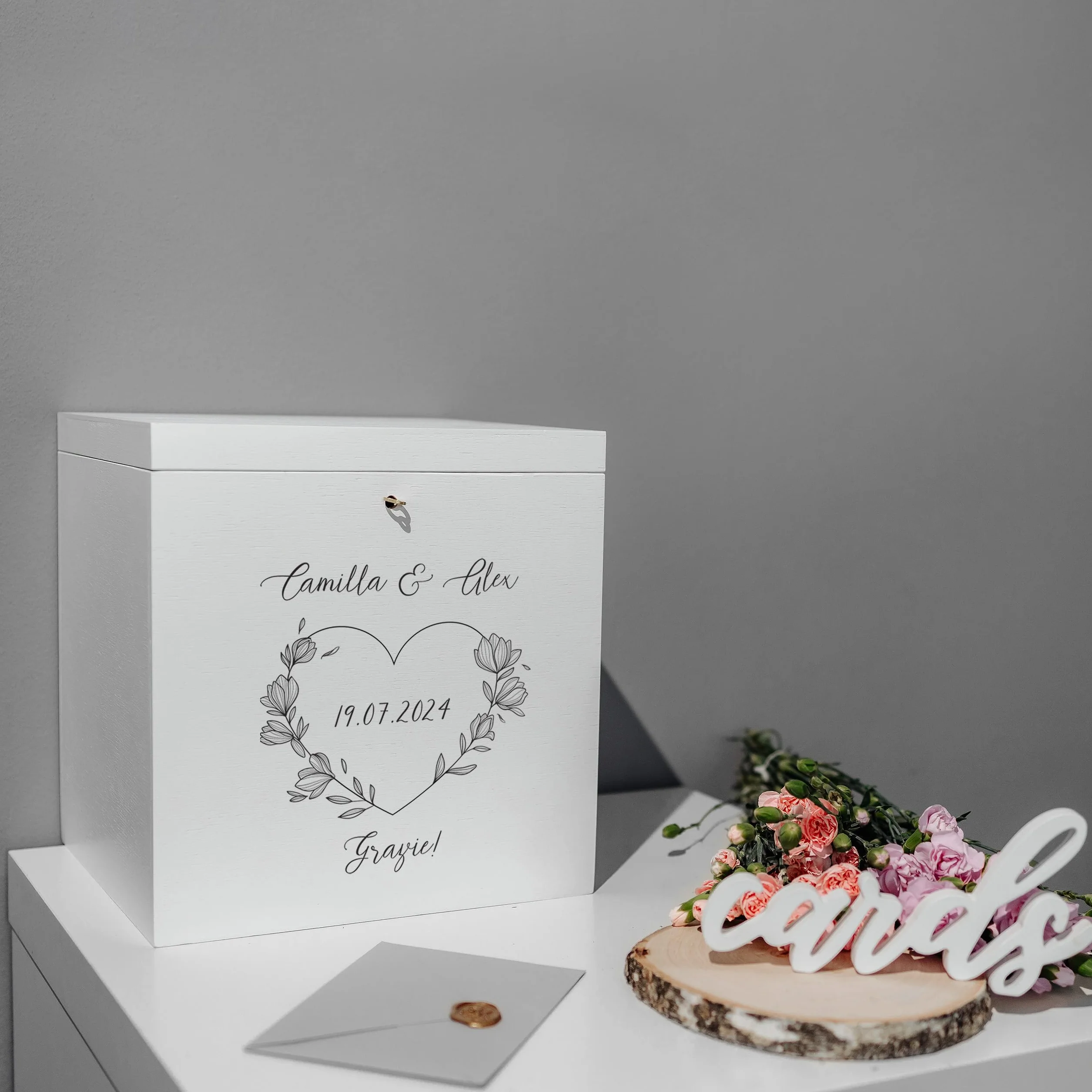 Porta Buste in Legno per Matrimonio 29x25x30cm Scatola Personalizzata Bianca con Serratura