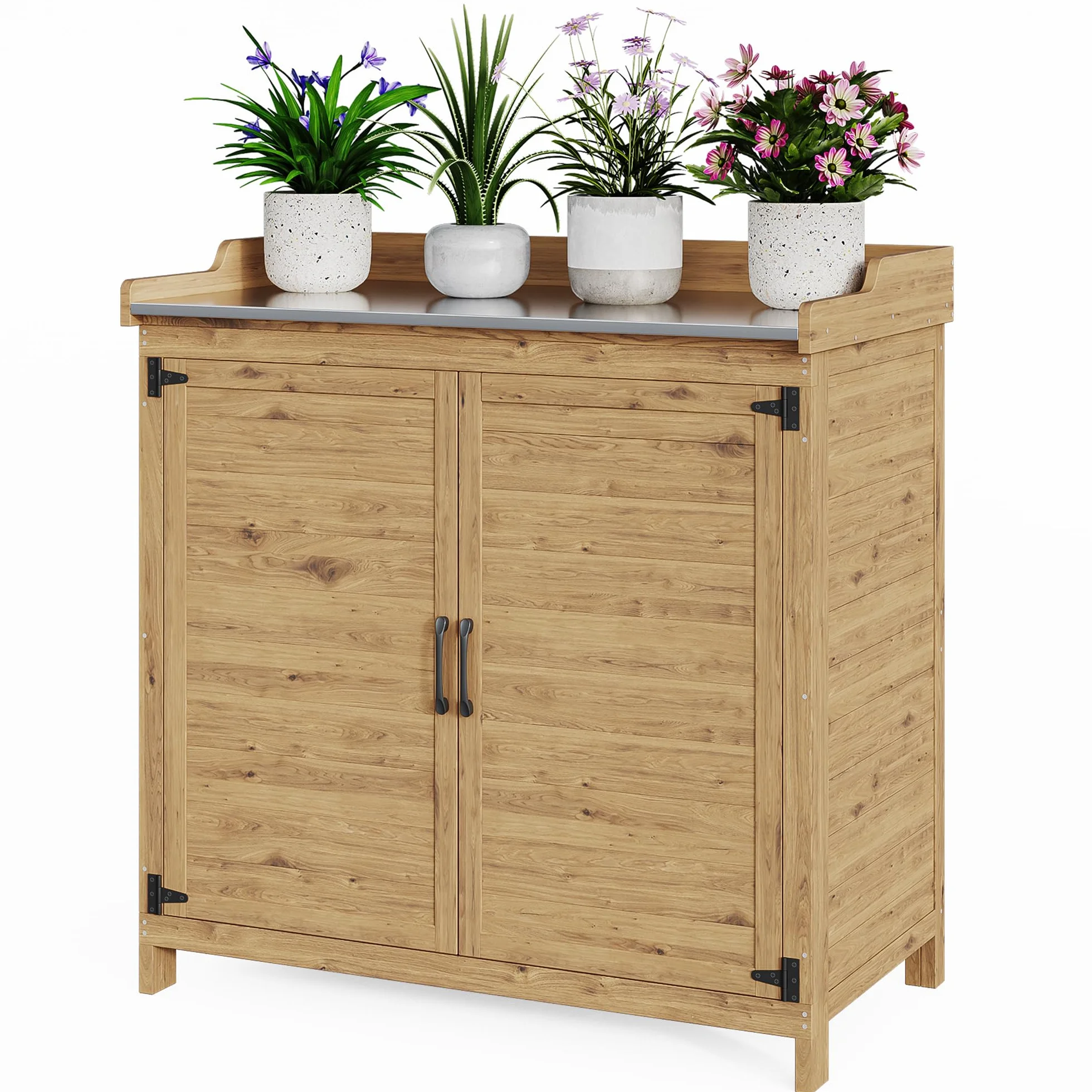 Bealife Tavolo per Piante con Mobile Base in Legno Armadietto da Esterno Naturale 98x48x95 cm