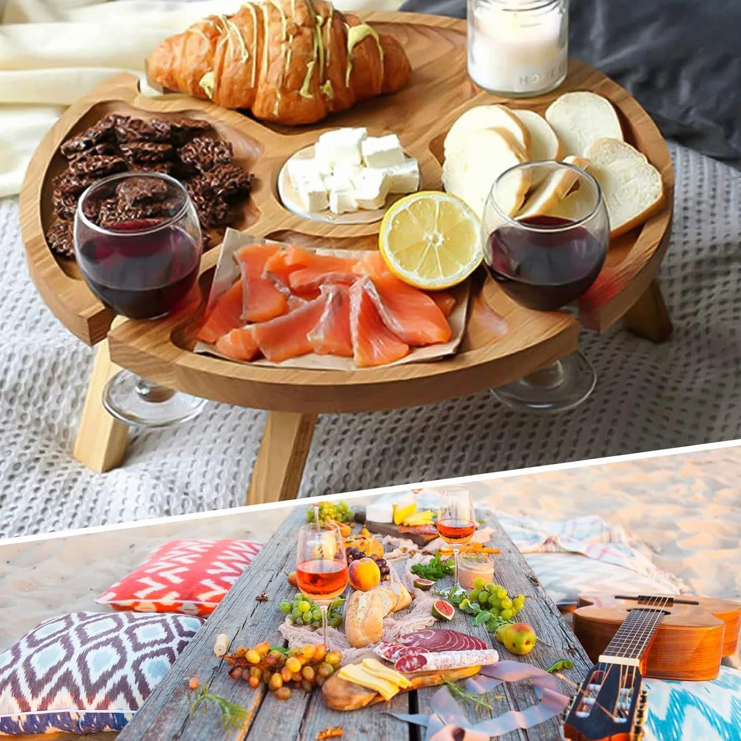 Tavolo da vino per esterni portatile mini tavolo da campeggio rotondo in legno 30 x 16 cm