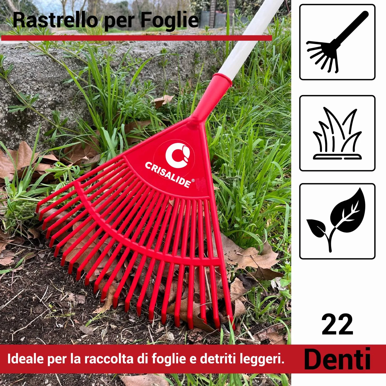 Crisalide®- Rastrello In PVC 22 Denti 40x40CM Con Barra Di Rinforzo, Completo Di Manico In Faggio 150CM, Ideale Per Foglie E Piccoli Detriti