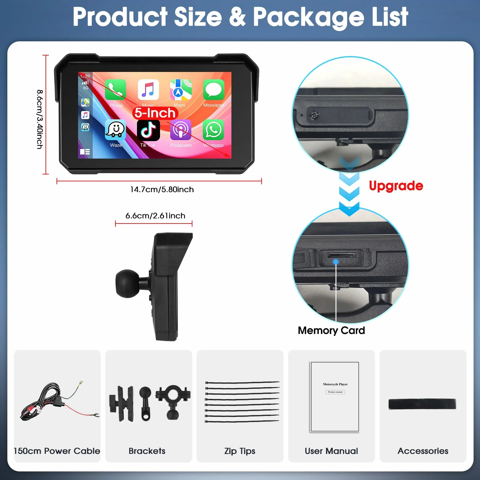 Navigatore Moto Wireless con Apple CarPlay Android Auto, IP68, Touchscreen 5 Pollici HD, GPS, Bluetooth 5.0