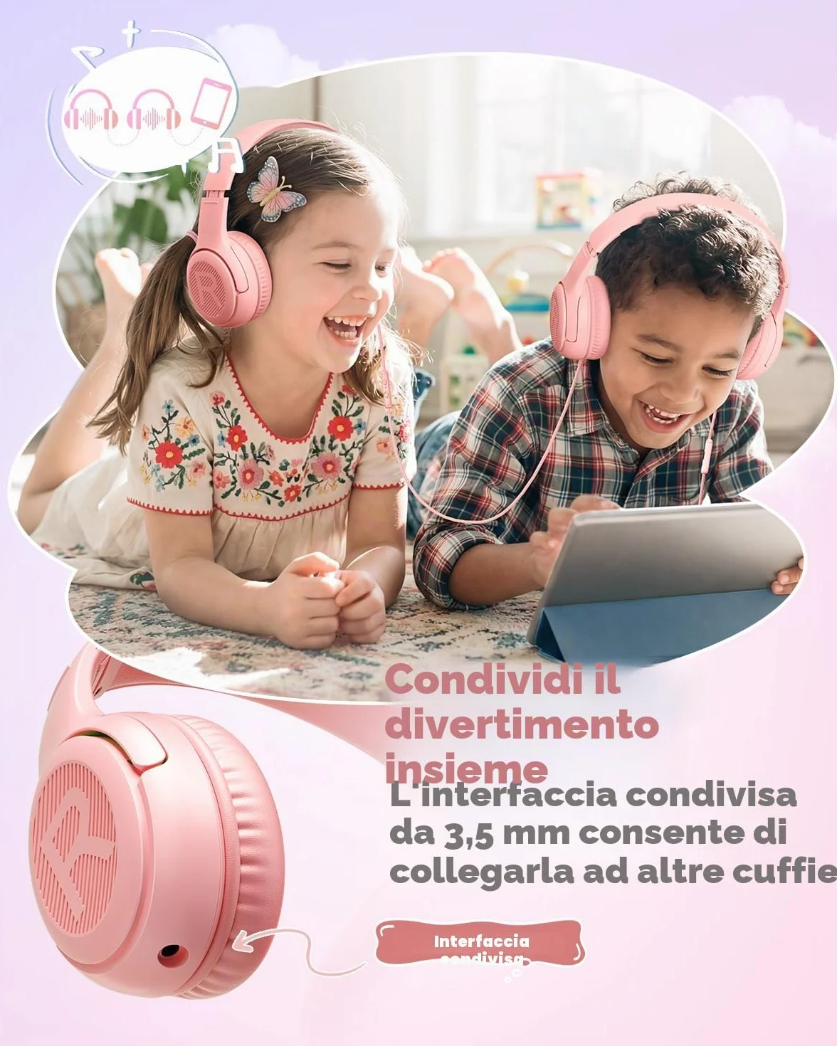 Cuffie per Bambini con Microfono, Limitazione Volume 85/94 dB, Jack 3,5 mm, Design Pieghevole, On-ear (Rosa)