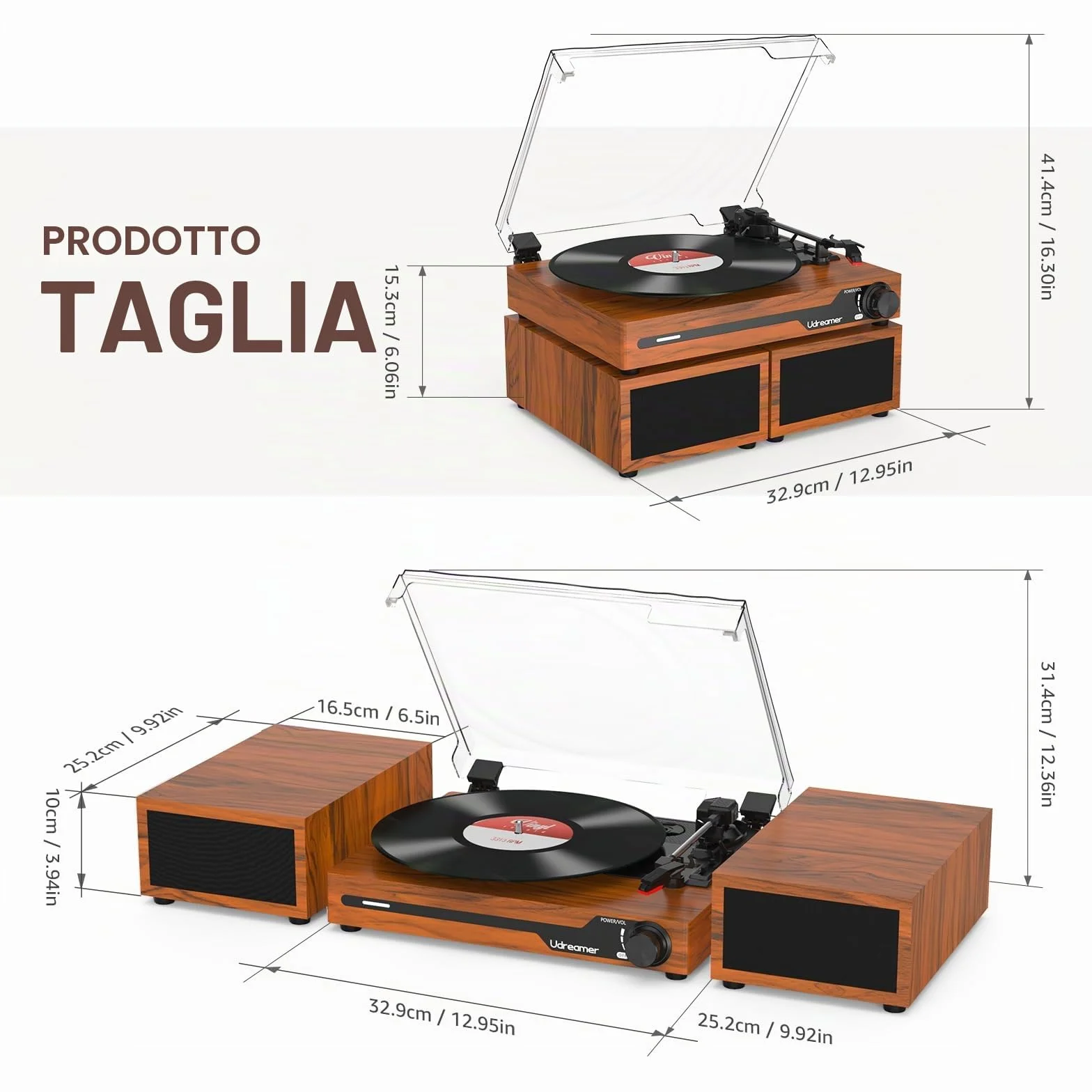 Udreamer Giradischi Vintage Bluetooth 5.3 con 2 Altoparlanti Stereo, 3 Velocità, AUX-in, RCA, USB, Marrone