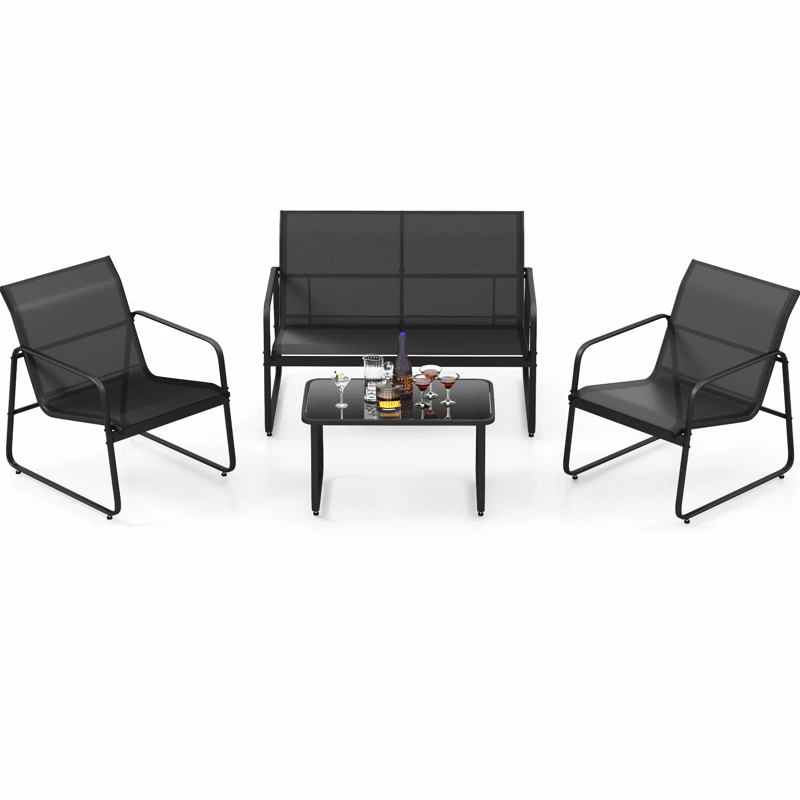 COSTWAY Set Tavolo e Sedie da Giardino 4 Pezzi, Tavolino in Vetro Portato 50 kg, Sedie Portata 150 kg, Panca Portata 300 kg, Set Bistro in Tessuto Textilene, per Cortile Terrazza Piscina (Nero)