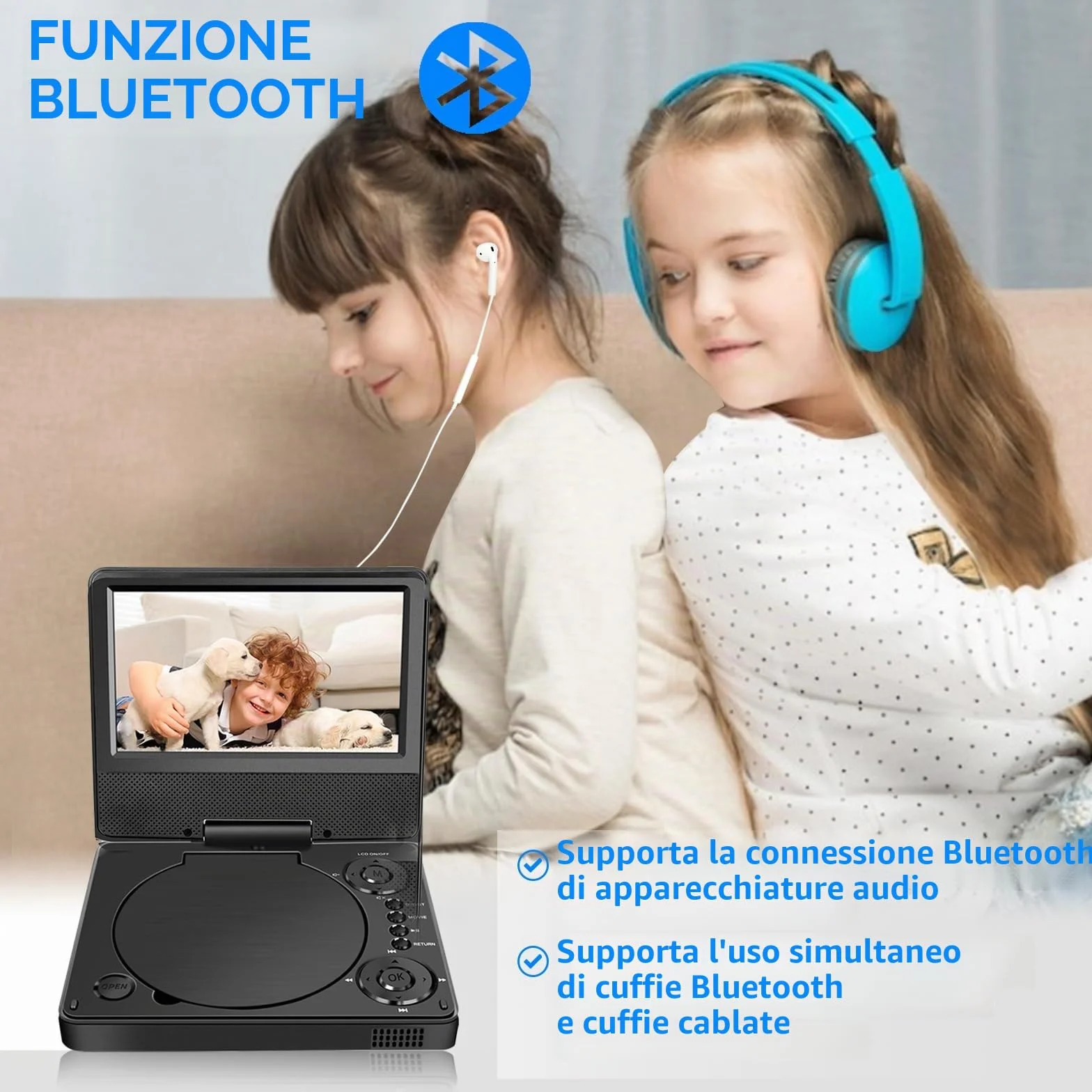 YOOHOO Lettore DVD portatile Bluetooth 9,5" HD per bambini