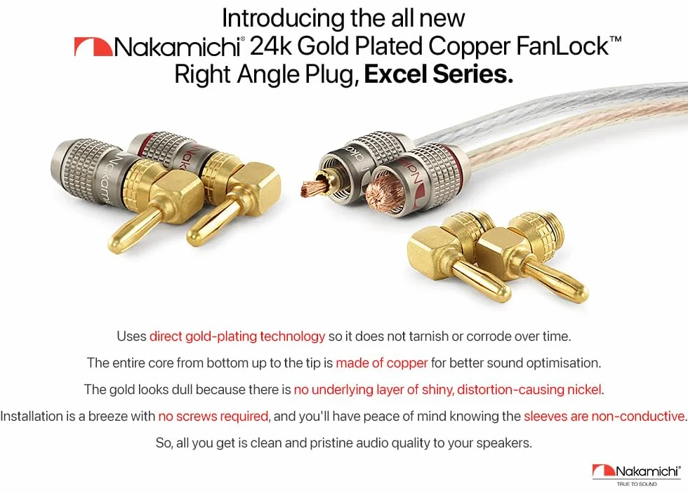 Nakamichi FanLock Excel Connettore a angolo retto banana placcato oro 24 carati 10 AWG - 18 AWG spessore 4 mm 10 pezzi