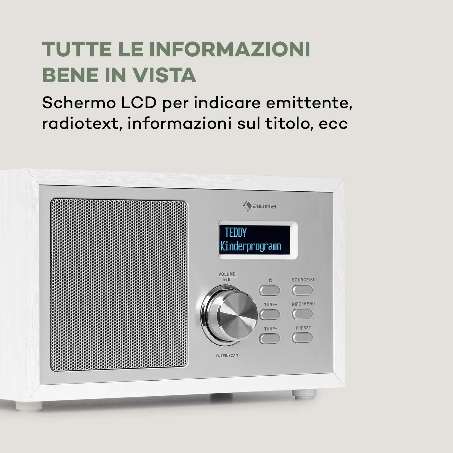 auna Ambient Radio DAB+/FM Bluetooth 5.0 A2DP Display LCD AUX-In Cuffie Effetto Legno Bianco