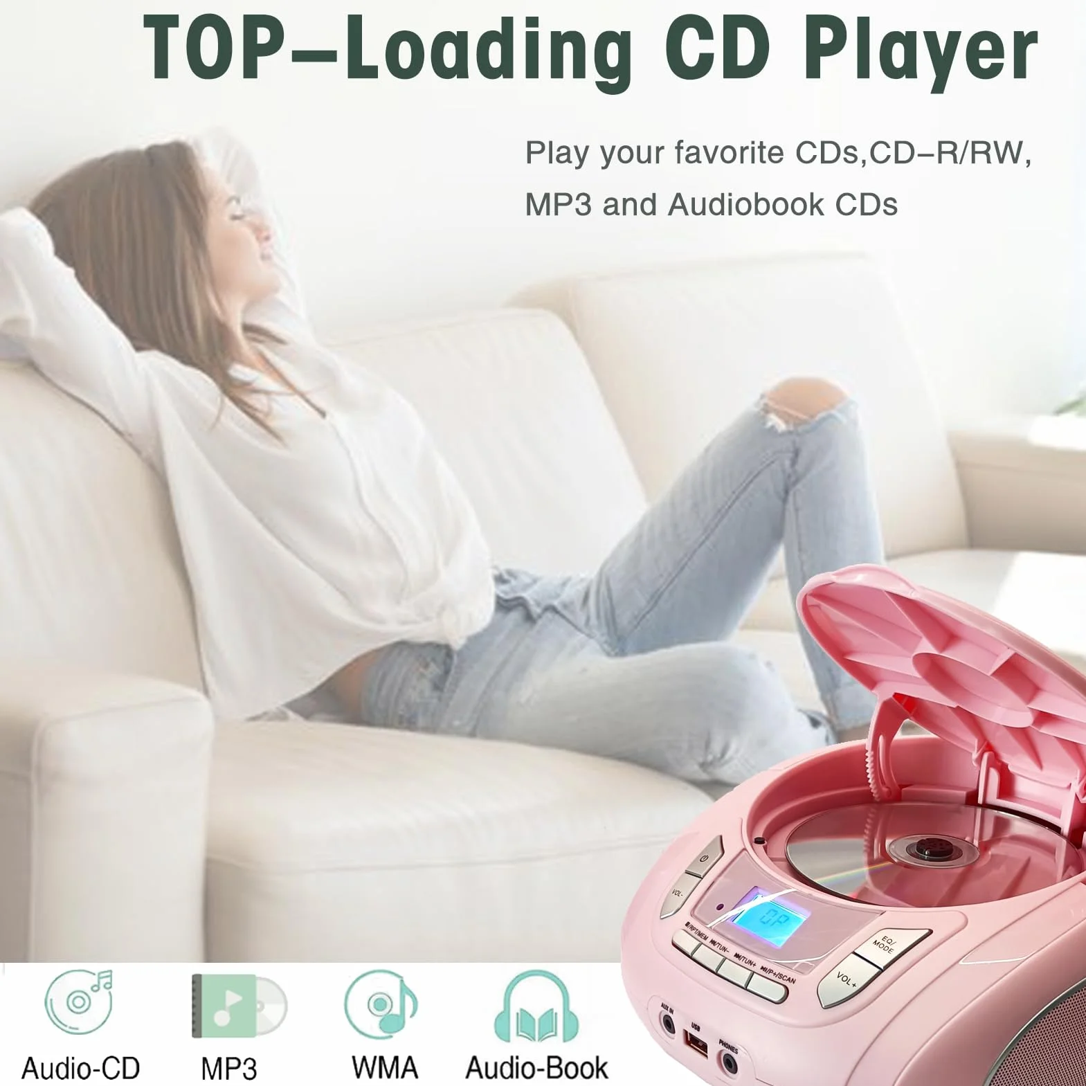 Lettore CD portatile Boombox Bluetooth radio FM USB AUX Rosa