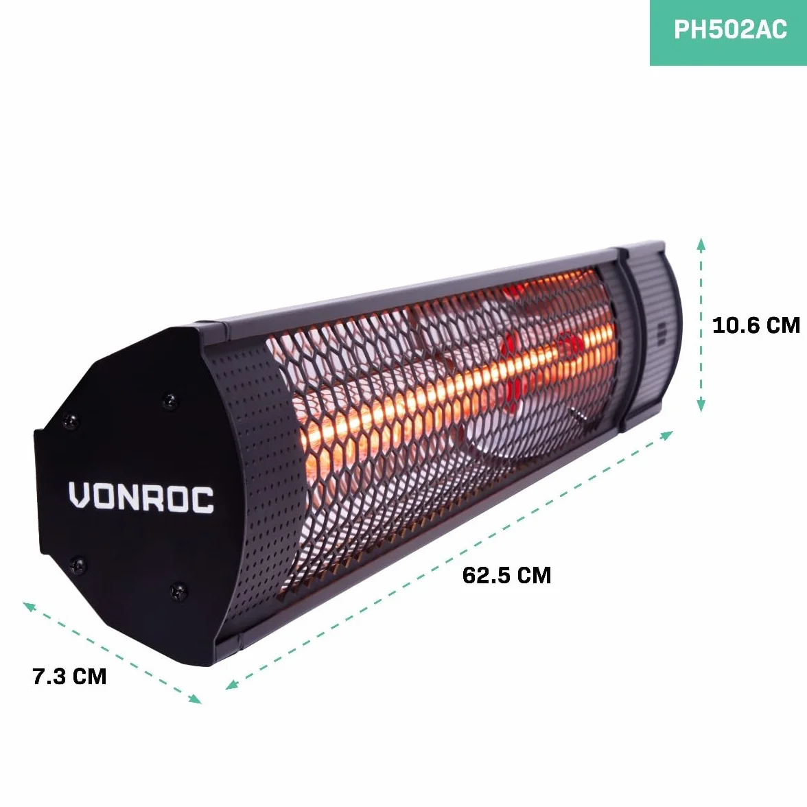 VONROC Stufa riscaldante a infrarossi 2000W da esterno 2 livelli di calore Telecomando Nero