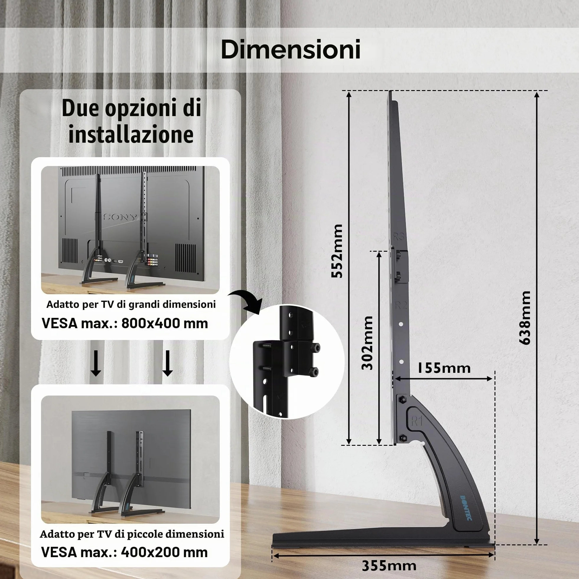 BONTEC Supporto TV Universale 22-65 Pollici VESA 800x400 mm Regolabile 50 kg