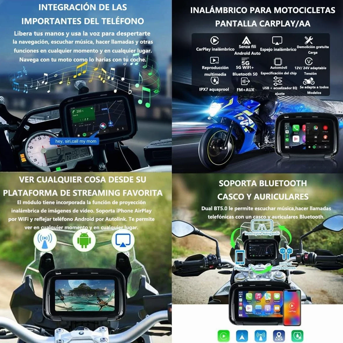 Navigatore Moto IPX7 Impermeabile 5" Touch Screen HD Carplay Wireless Android Auto Supporto