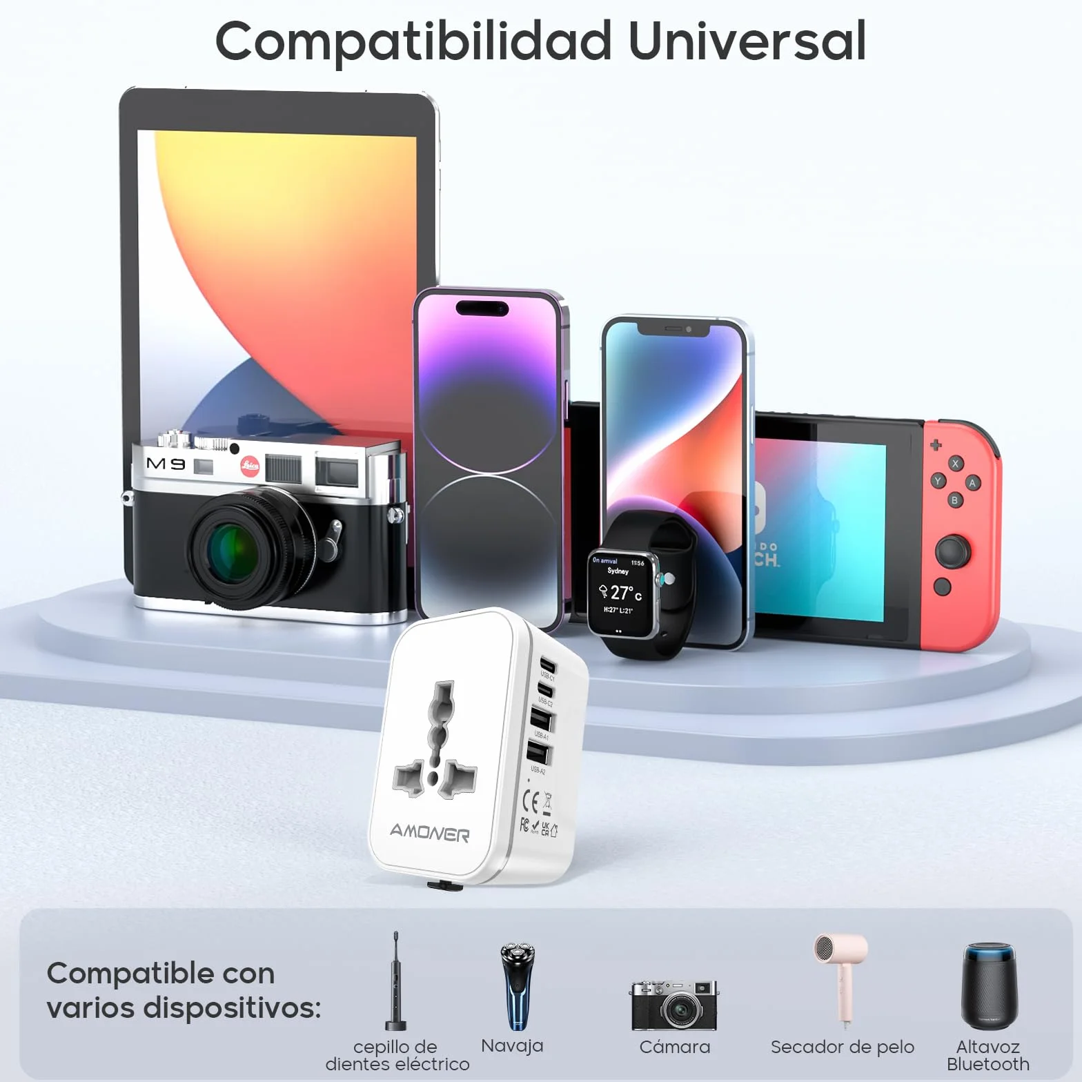 Amoner Adattatore Universale da Viaggio 2 USB C 2 USB A 2KW per 200+ Paesi