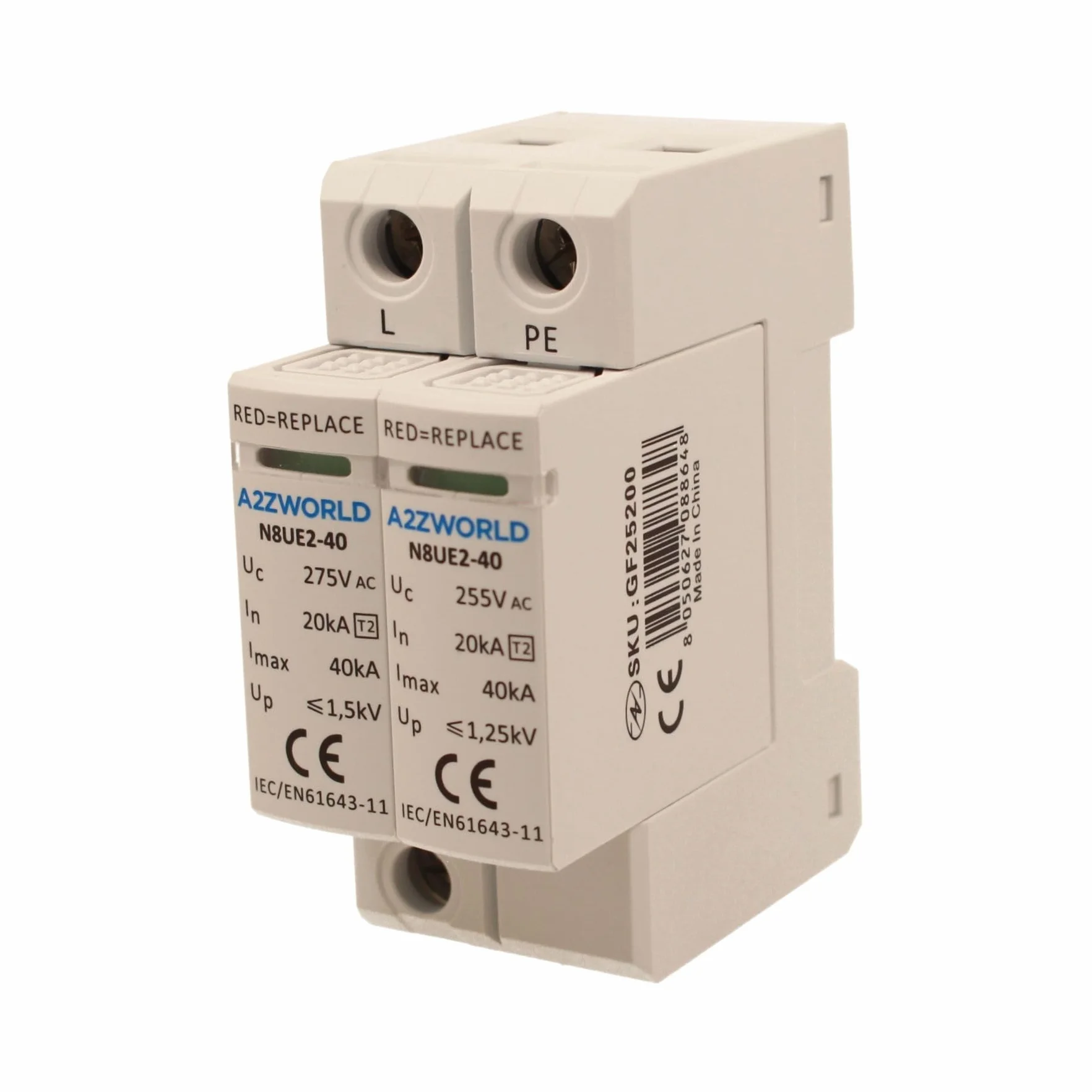 Scaricatore Di Sovratensione Modulare SPD Tipo 2 T2 1P+N 2 Moduli DIN 20kA-40kA AC275V IP20