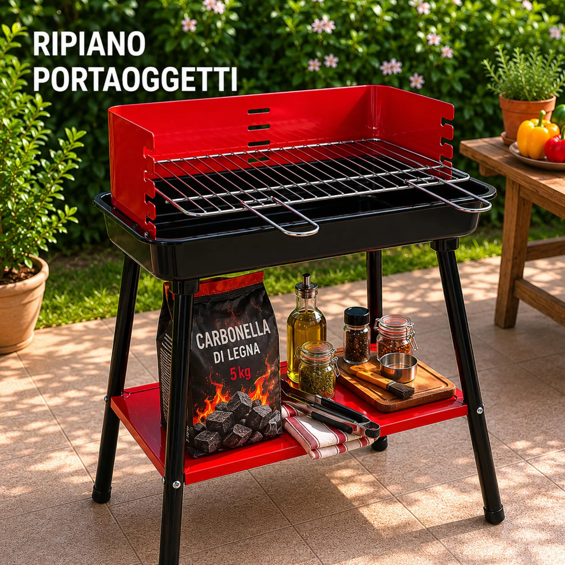 Barbecue Carbonella Rettangolare Stabile 4 Posizioni Cottura Griglia Cromata Rimovibile 53x34,5 cm Acciaio Carbonio