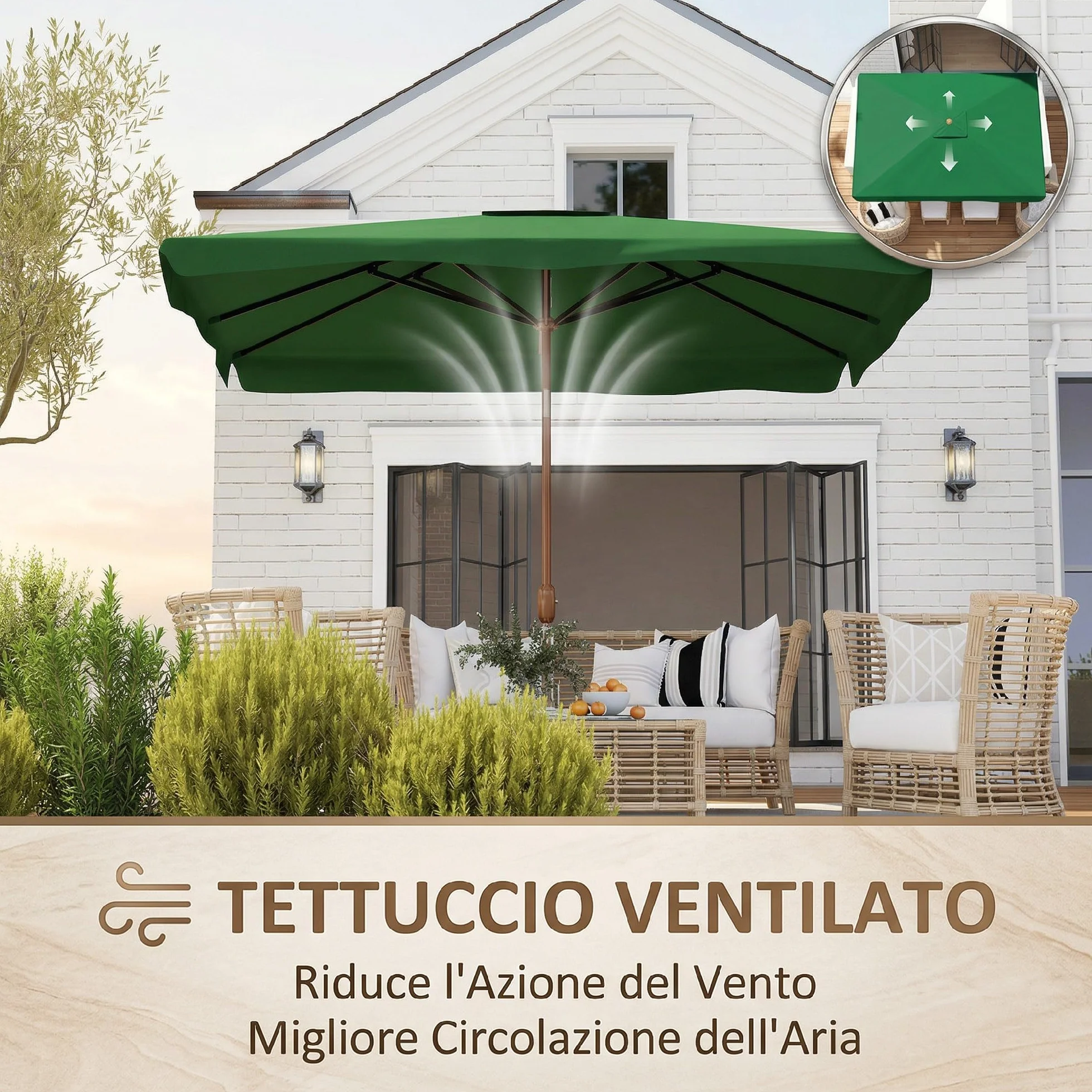 Outsunny Ombrellone da Giardino 2x3 m Inclinabile con Apertura a Manovella, Presa d'Aria e Bordo a Balze, Ombrellone da Esterno Rettangolare Anti UV 50+ in Alluminio e Poliestere 180 g/㎡
