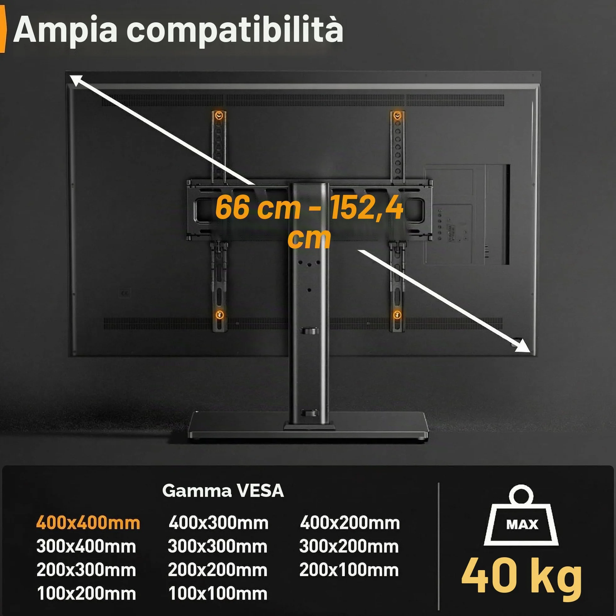 Supporto Girevole da Tavolo per TV 26-60 Pollici Regolabile in Altezza Base Vetro Temperato VESA 400x400mm 40 kg