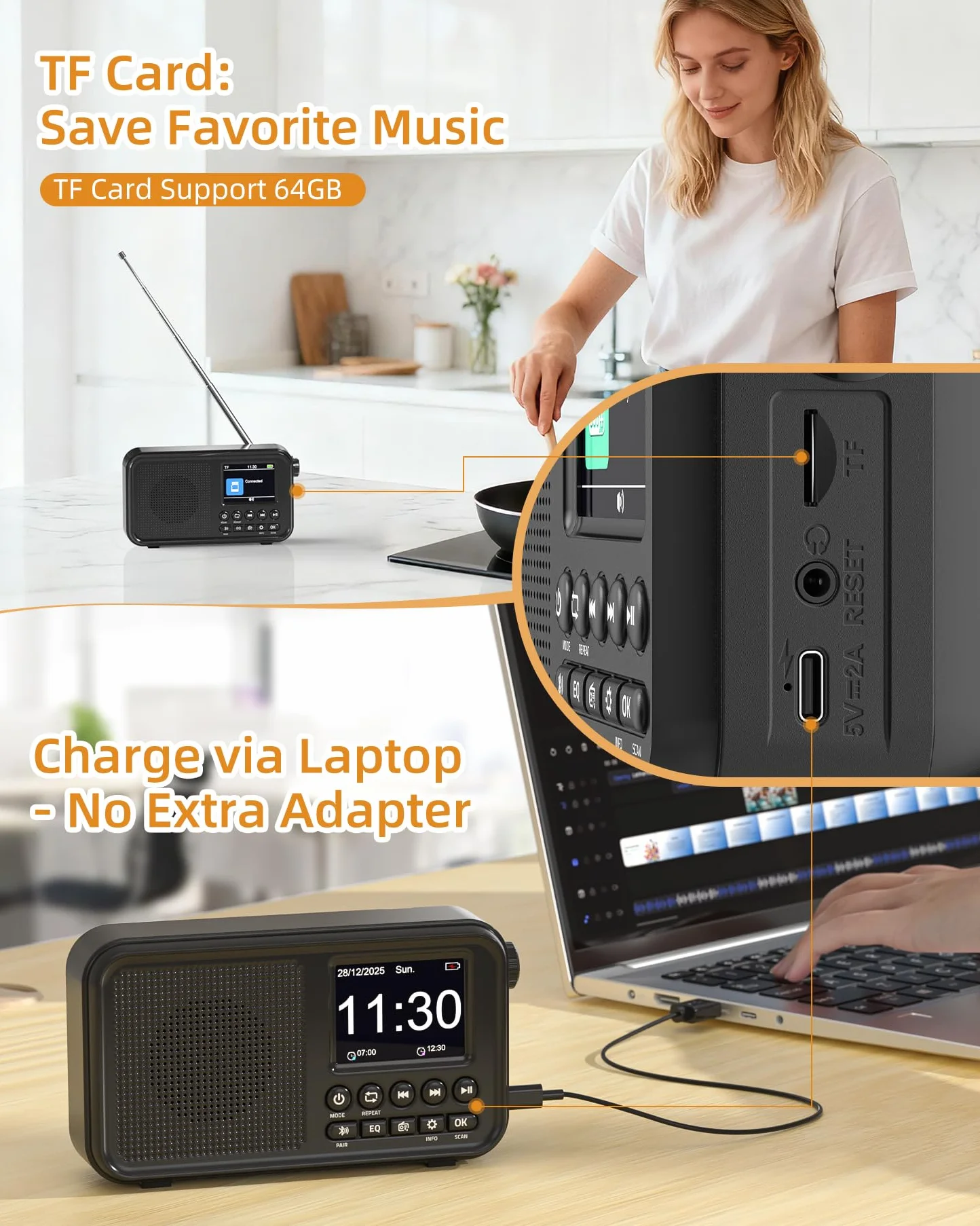 Mesqool Radio Digitale DAB FM Bluetooth Batteria Ricaricabile 3000mAh Compatibile TF 64GB Ricarica Type-C