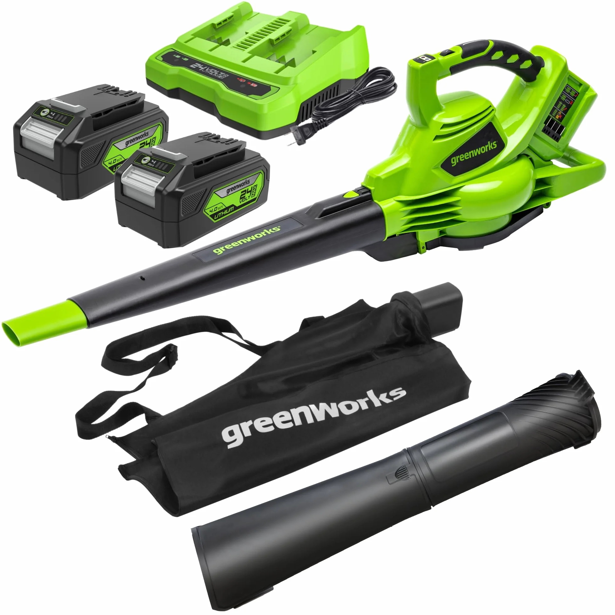 Greenworks 48V(24V x 2) Aspirafoglie Soffiatore a Batteria con Tracolla, Motore Brushless, 322km/h, 9m³/min, Sacco di Raccolta 45L, 2 4Ah Batterie, e Caricabatterie, Garanzia 3 Anni GD24X2BVK4X
