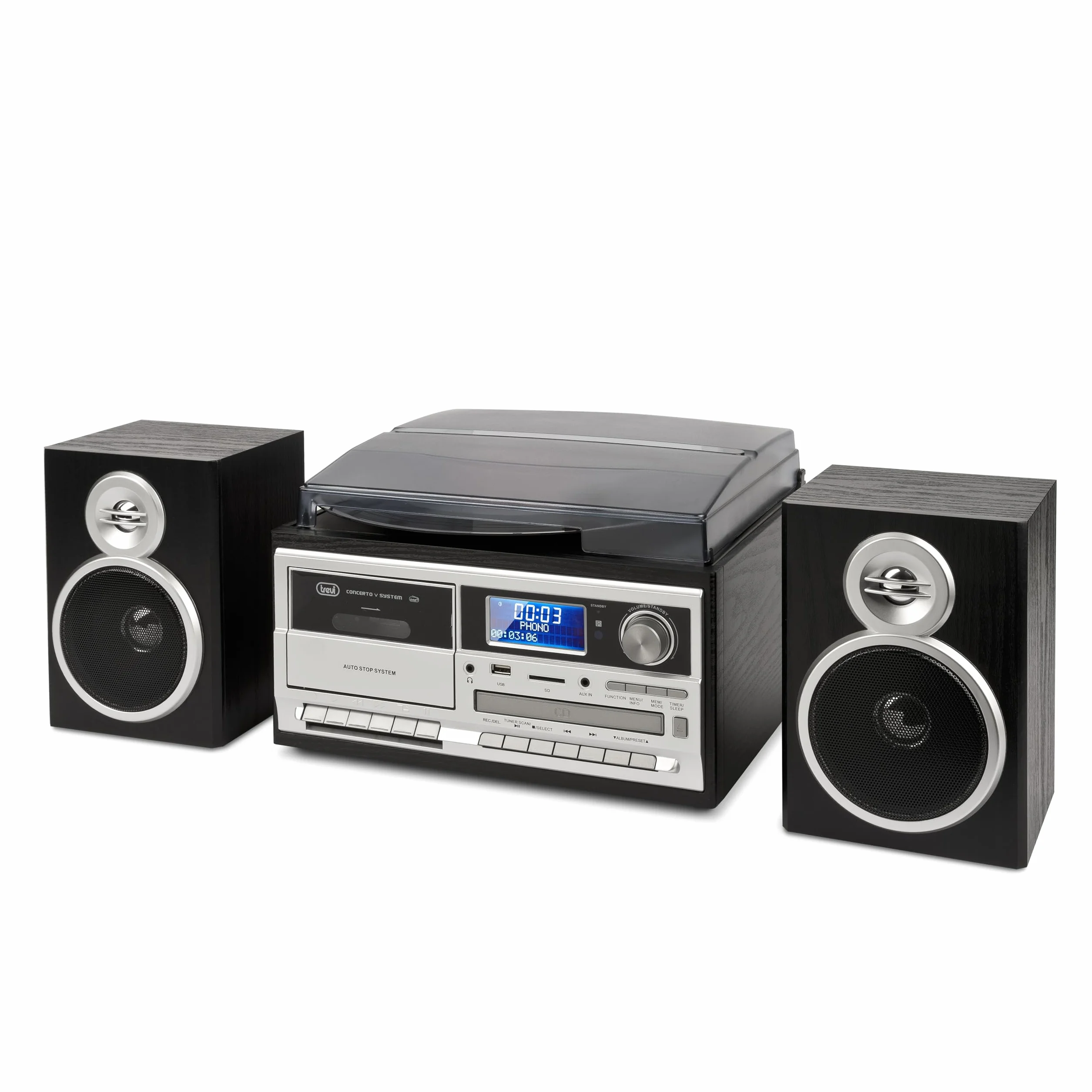 Trevi TT 1072 DAB Giradischi Vintage 25W 3 Velocità CD USB AUX-IN Cassette Radio Digitale Stereo All-in-One Encoding Nero